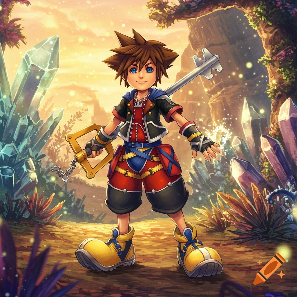Kid Sora stands in a vibrant fantasy landscape with large crystals, holding a Keyblade, in an anime art style.