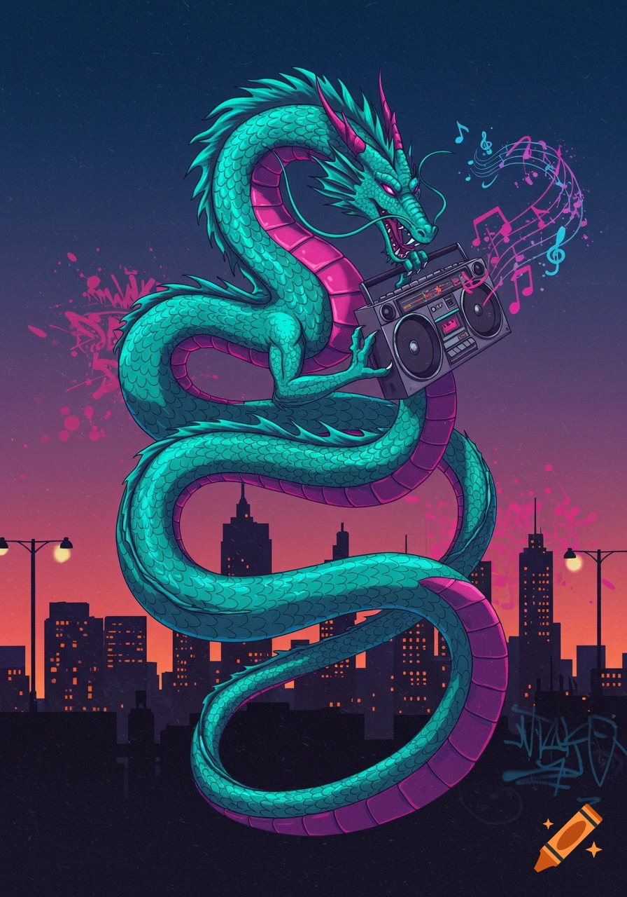 A teal and pink stylized dragon holds a boombox, emitting musical notes, over a dark cityscape at sunset in a retrowave style.