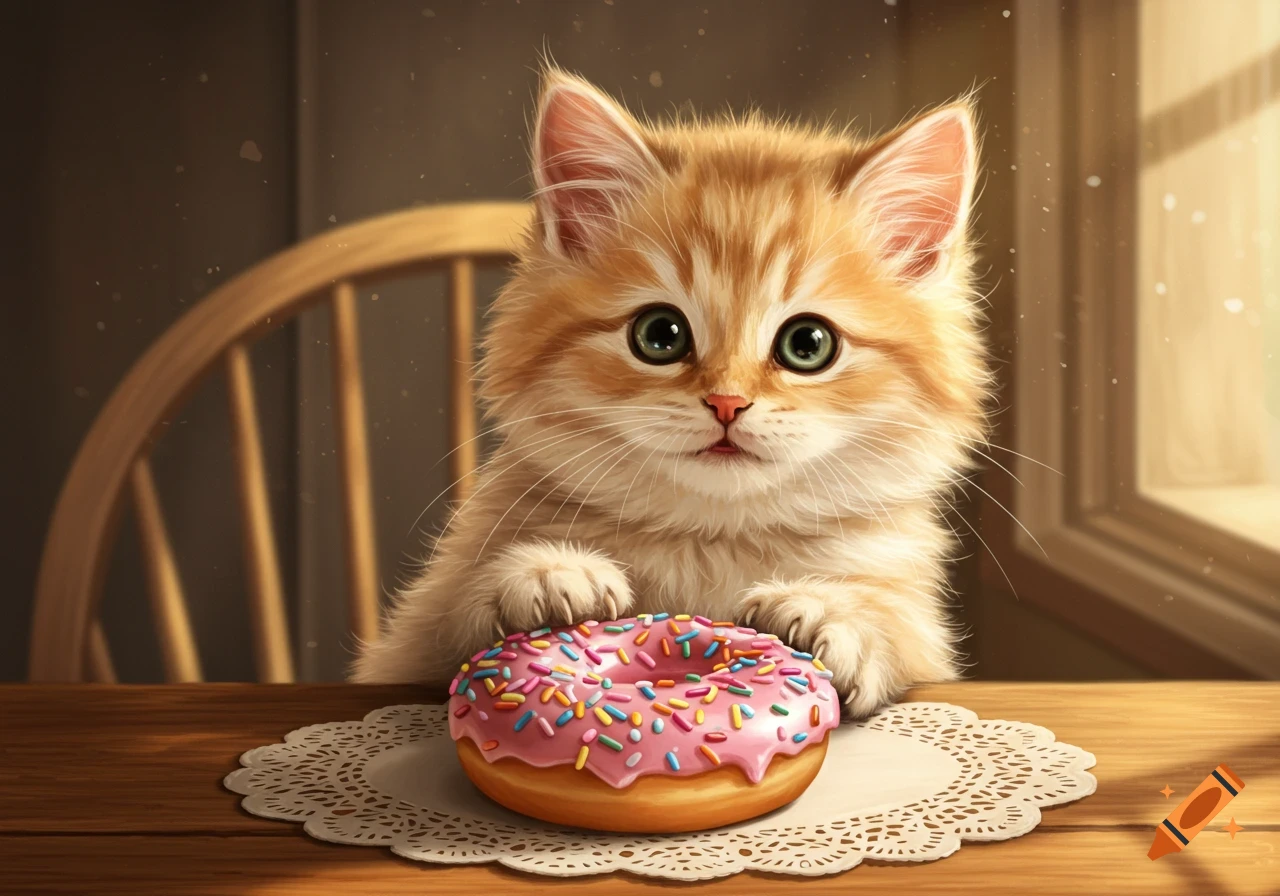 A fluffy orange kitten with big green eyes gazes at a pink-frosted donut with colorful sprinkles on a wooden table.