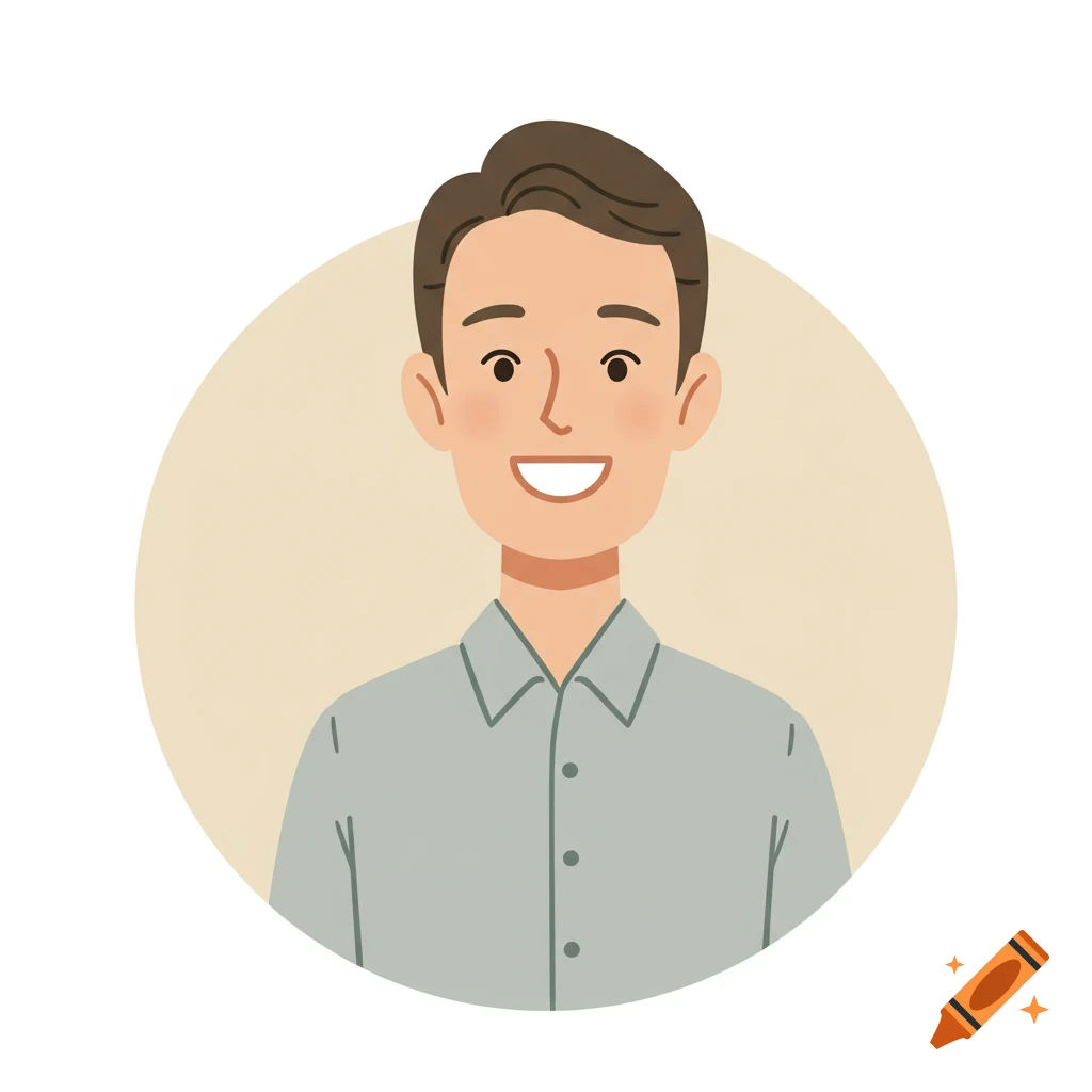 Flat illustration of a smiling man in a grey shirt, framed by a beige circle.