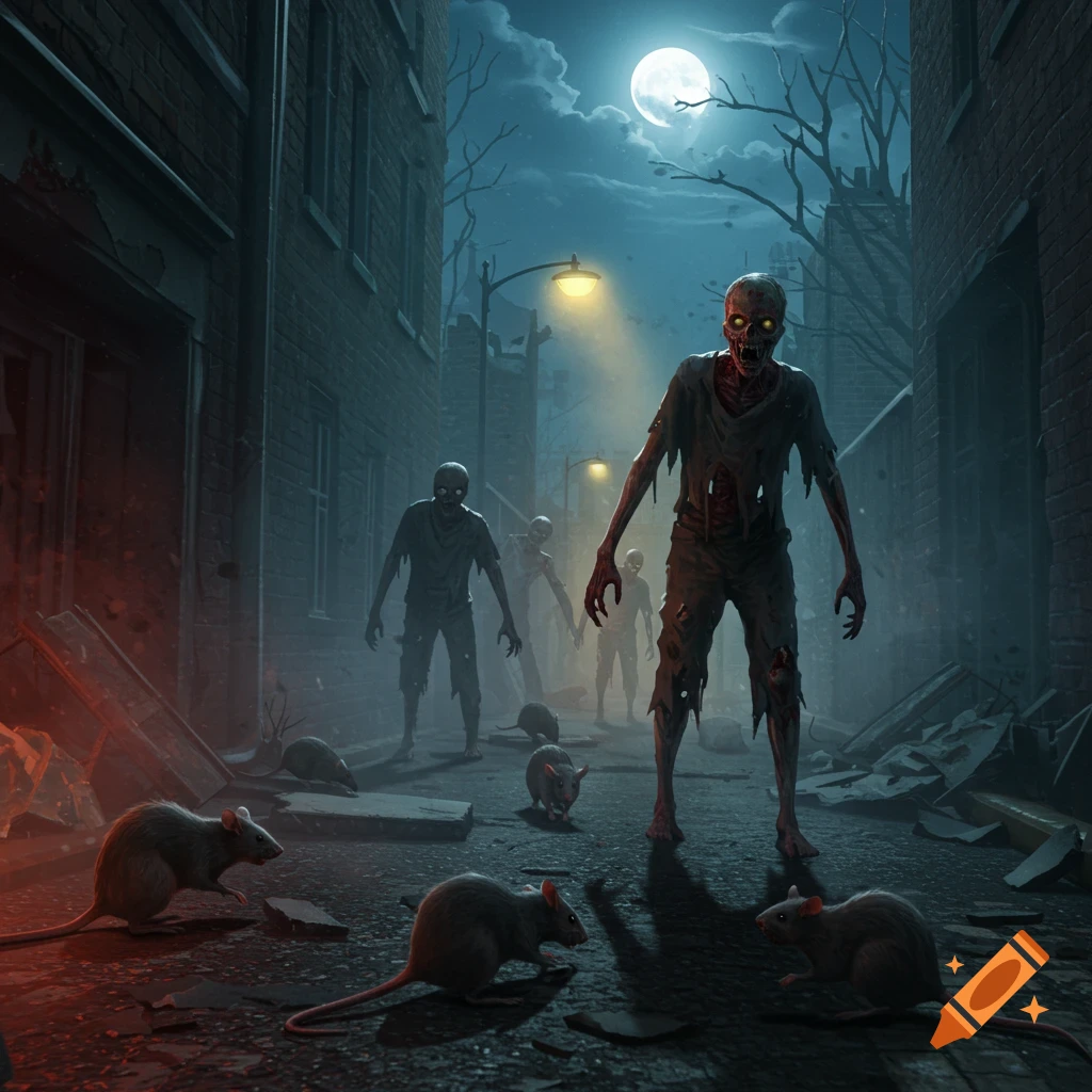 Several emaciated zombies and rats roam a dark, moonlit, ruined city alley. A prominent zombie stands in the foreground.