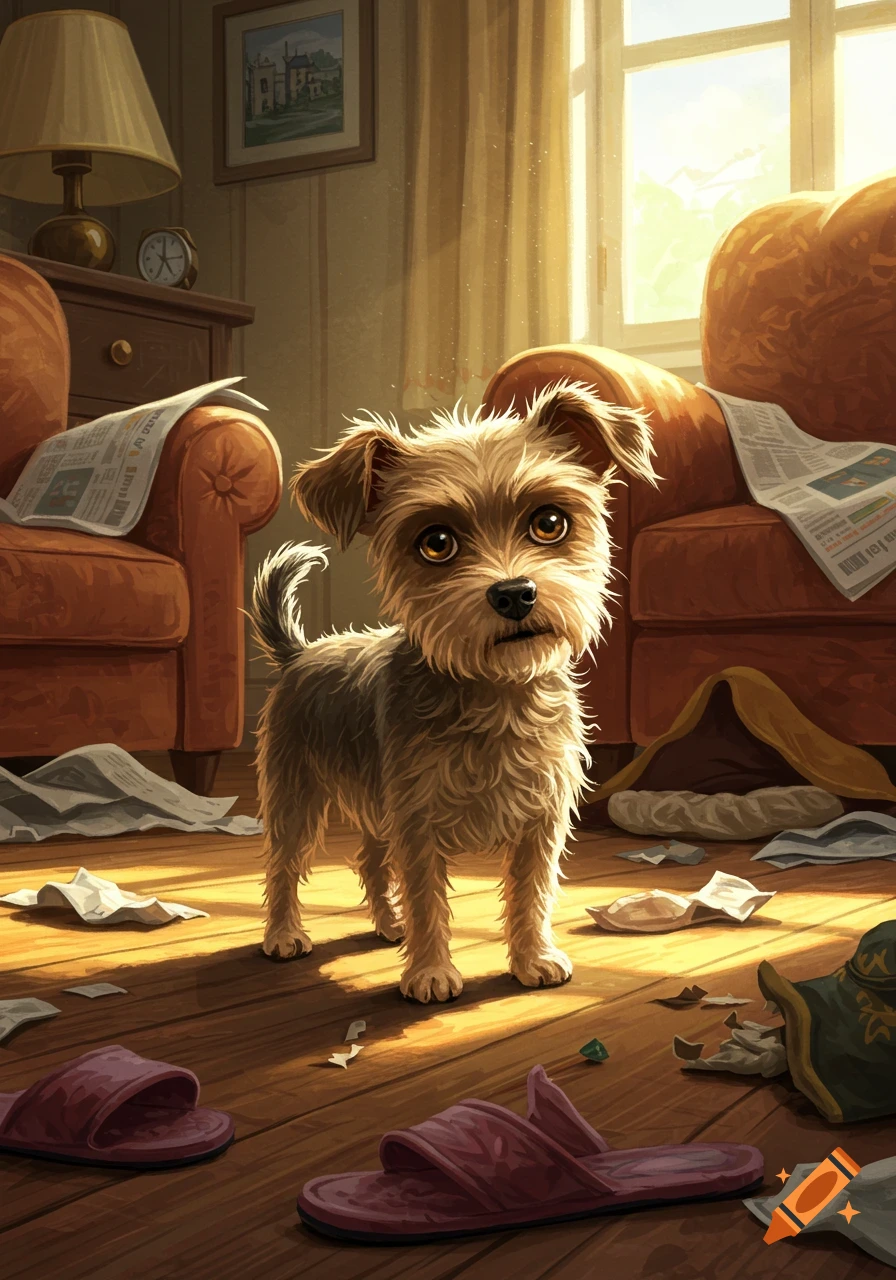 A cute, shaggy brown dog stands in a sunlit, messy living room with slippers and torn papers on the wooden floor.