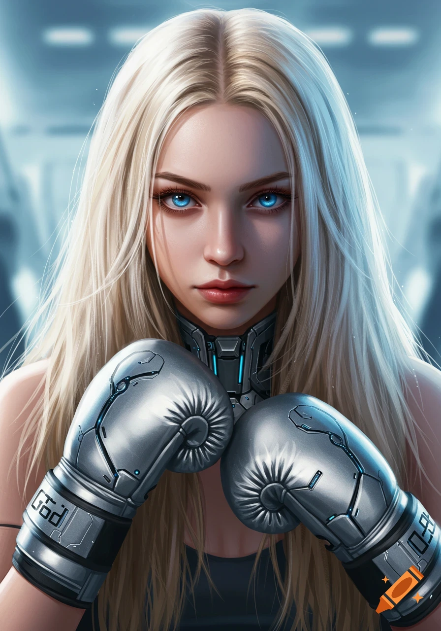 Photorealistic portrait of a young woman with long blonde hair, intense blue eyes, and futuristic silver boxing gloves, serious expression.