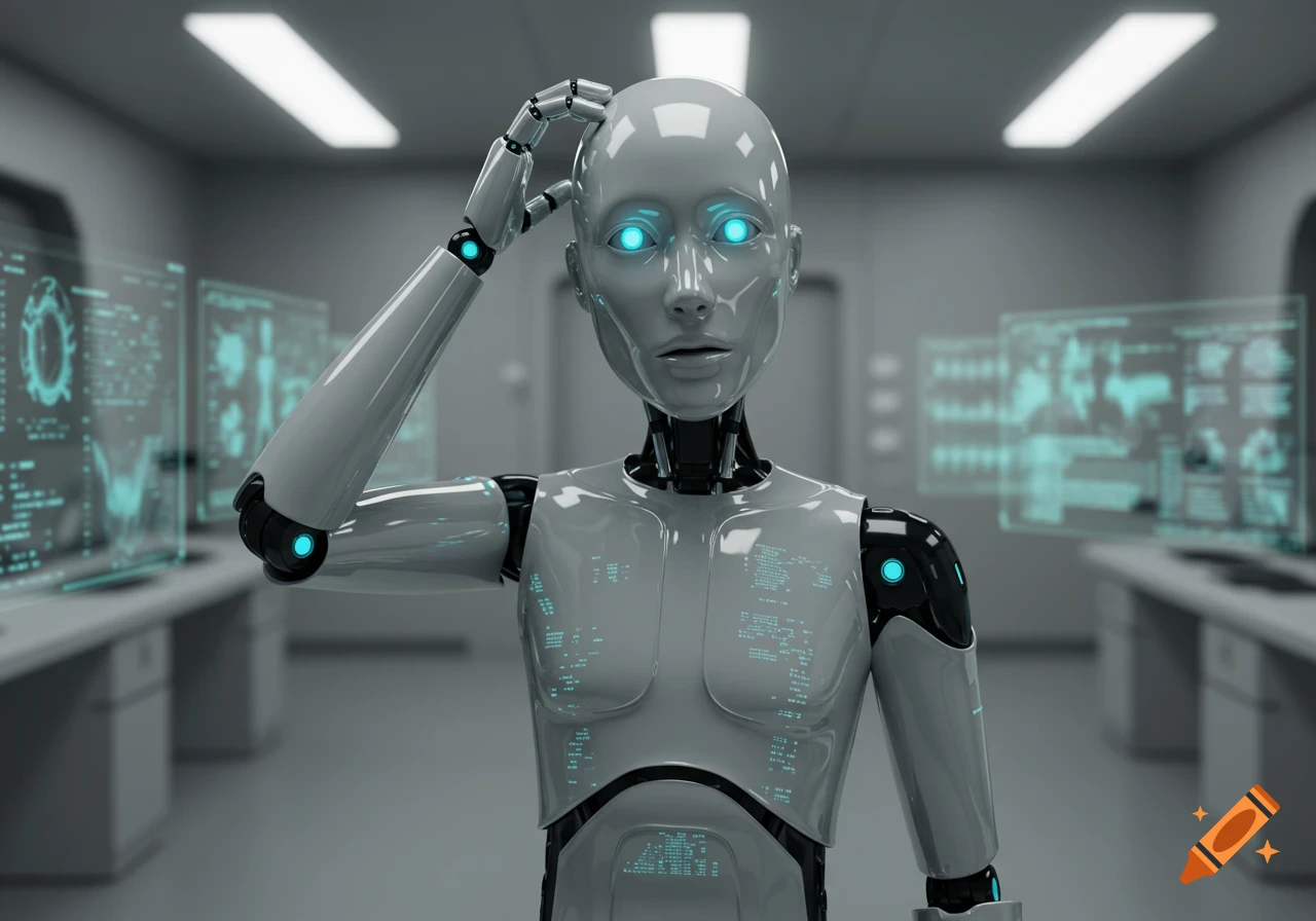 A photorealistic humanoid robot with glowing blue eyes scratches its head in a futuristic lab with holographic screens, appearing confused.