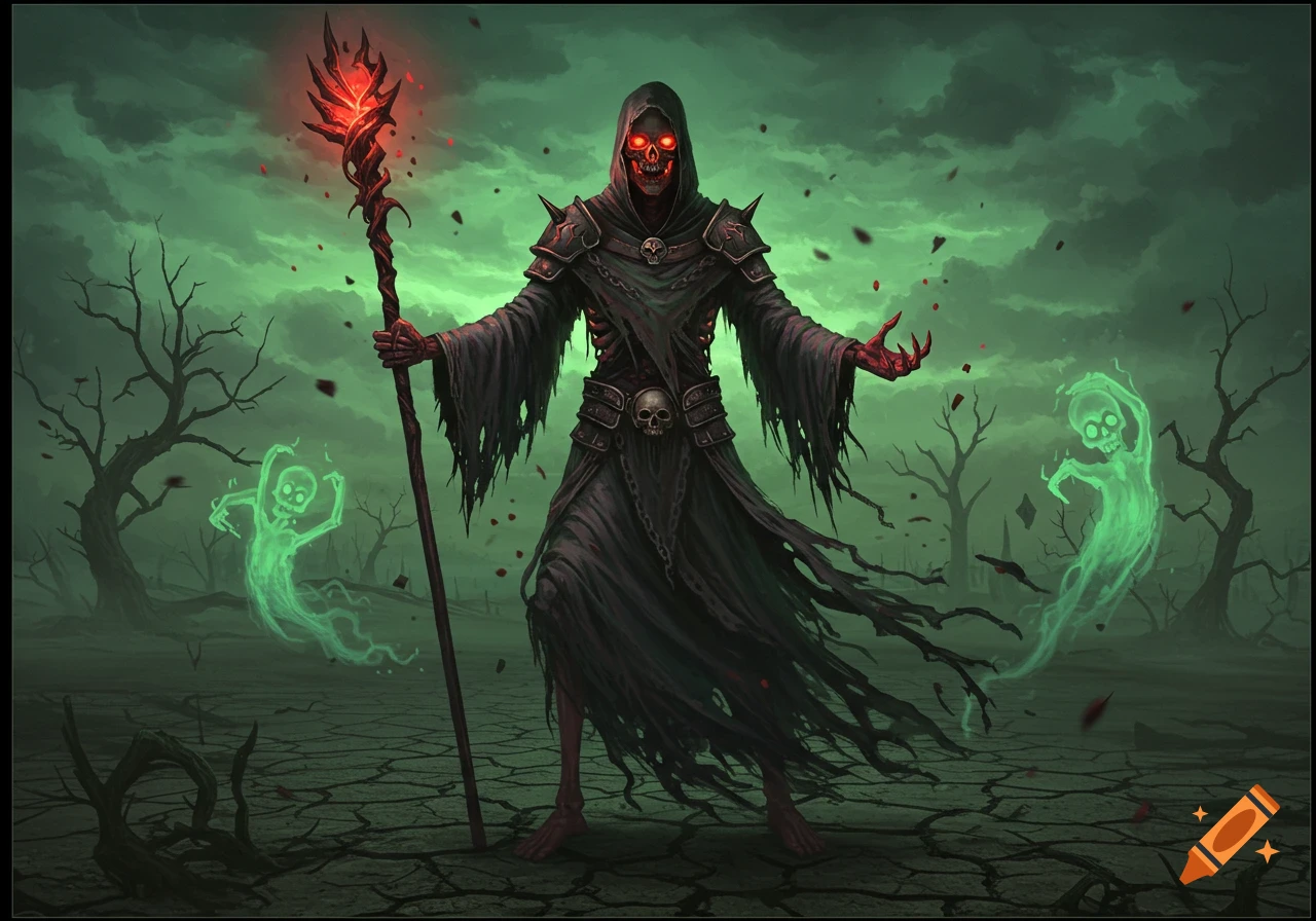 A grim skeletal figure with glowing red eyes holds a fiery staff, summoning green ghosts in a desolate landscape under a stormy green sky.