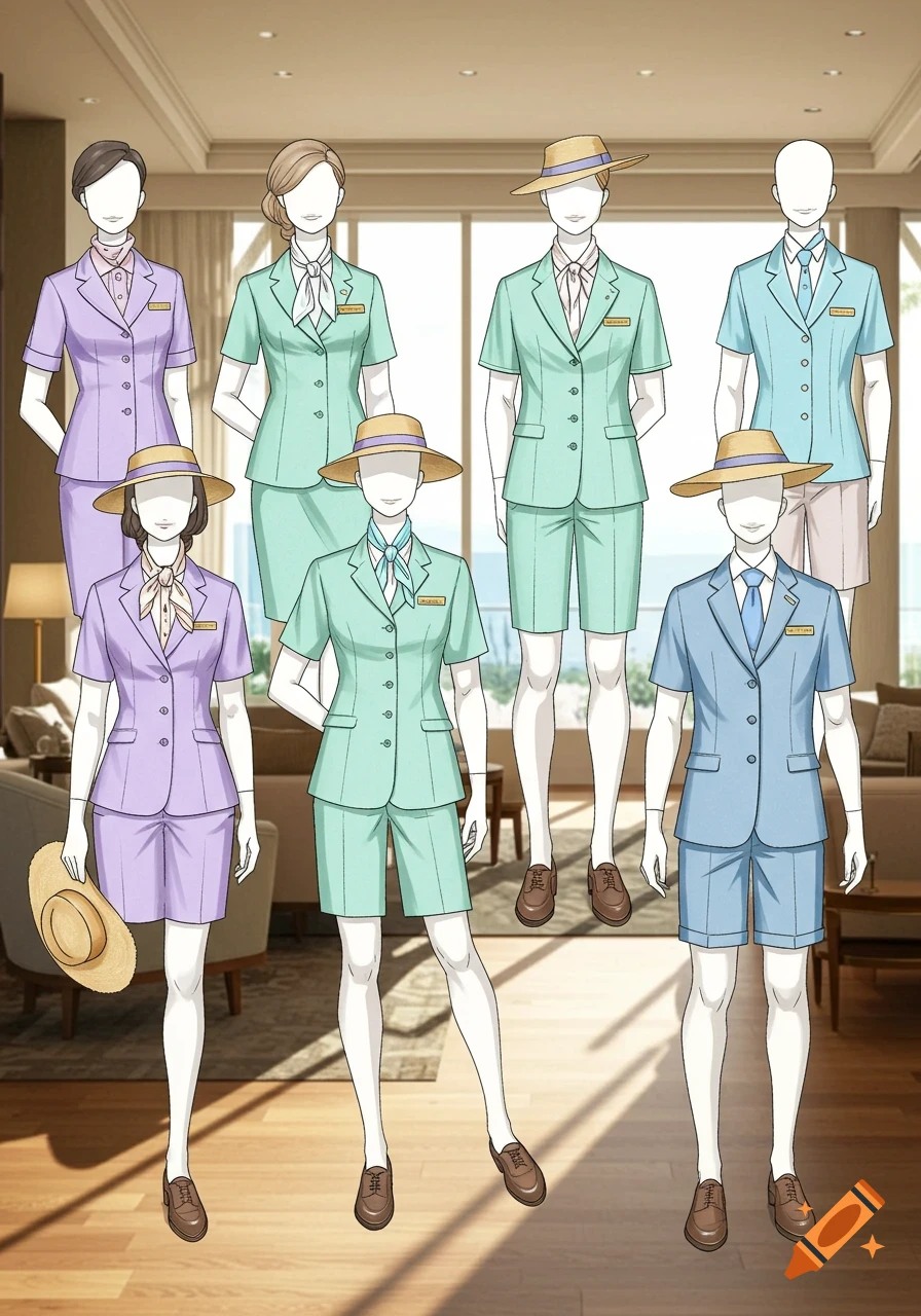 Seven faceless figures display various pastel-colored summer concierge uniforms, including skirts, shorts, and dresses, in an illustrated style.