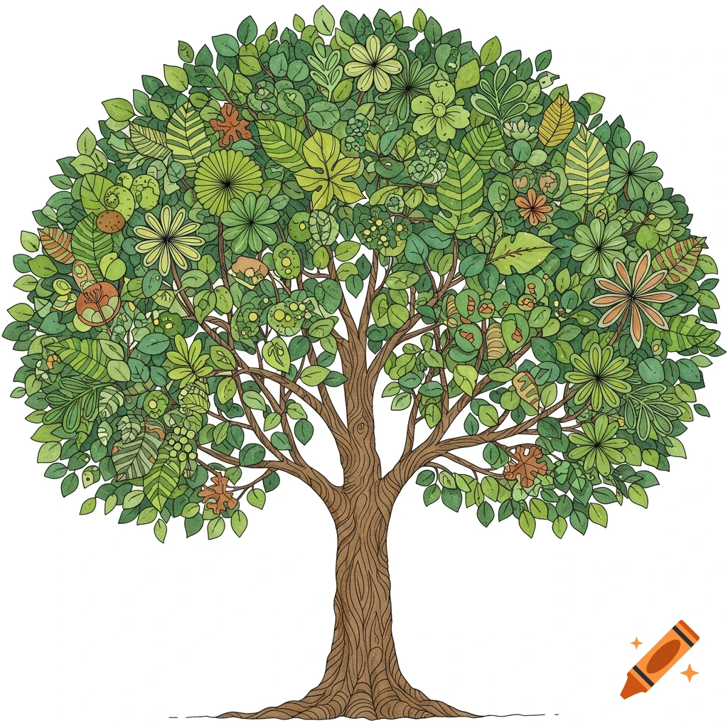 A stylized coloring page illustration of a large tree with diverse green leaves and a brown trunk.