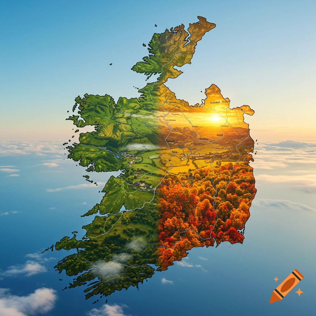 An aerial view of the island of Ireland, depicted as a composite of various natural landscapes and seasons, floating above clouds.