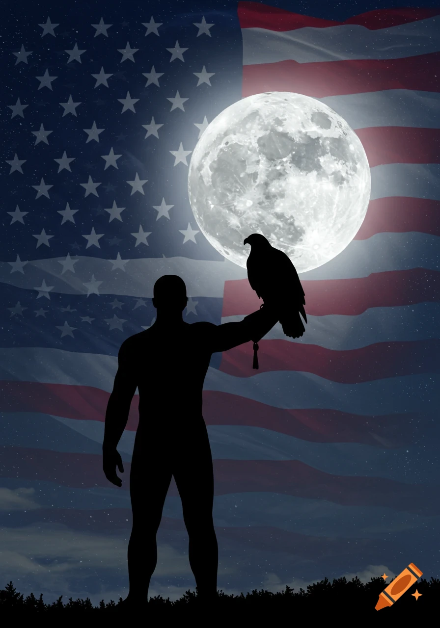 Silhouette of a man holding a bald eagle, with a full moon and American flag in a starry night sky above a forest line.