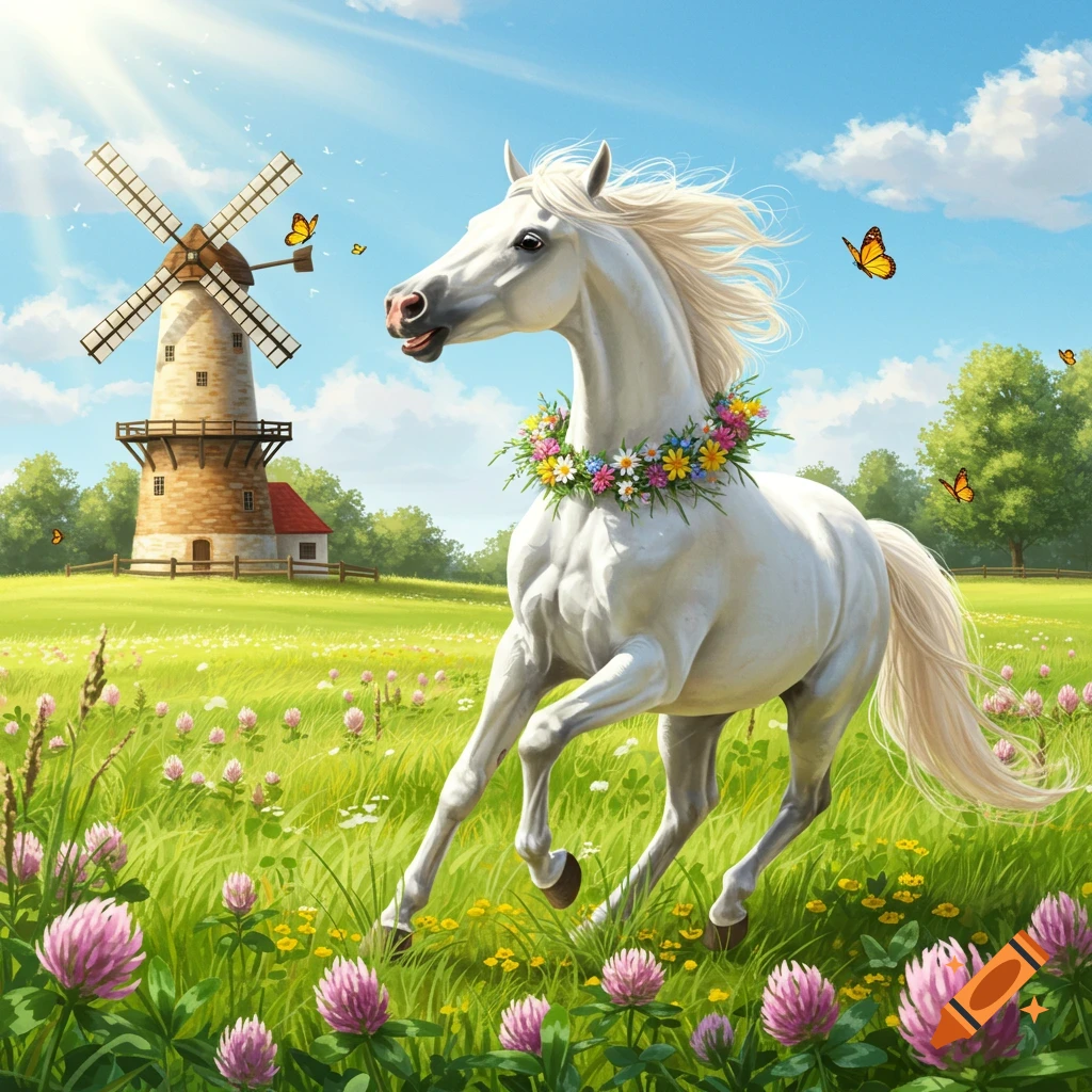 White horse with a flower wreath trots through a vibrant green meadow with pink and yellow flowers, a windmill and butterflies under a blue sky.