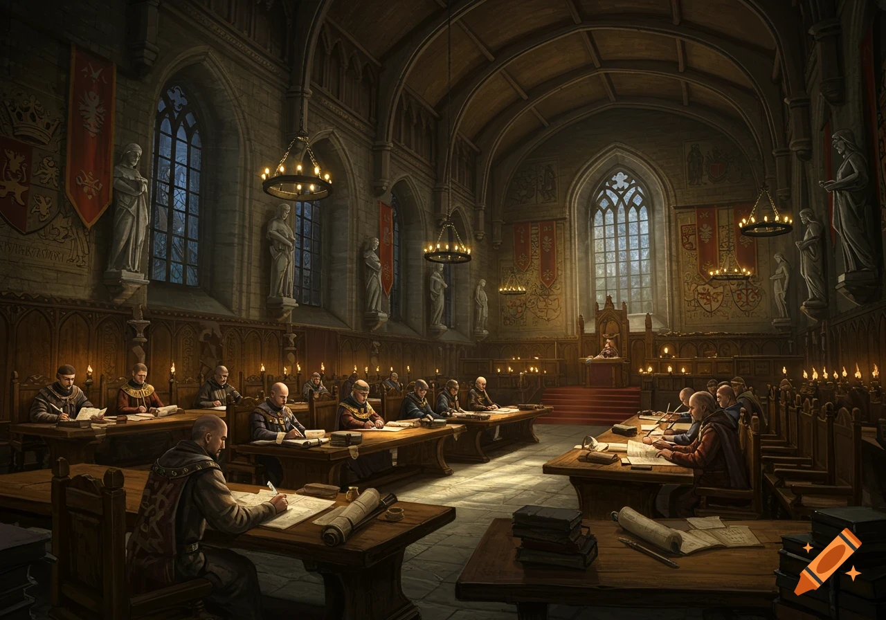 A detailed medieval parliament hall with robed figures seated at long wooden desks, writing by candlelight. A figure is on a raised platform at the far end, with large stained glass windows and stone statues in the background.