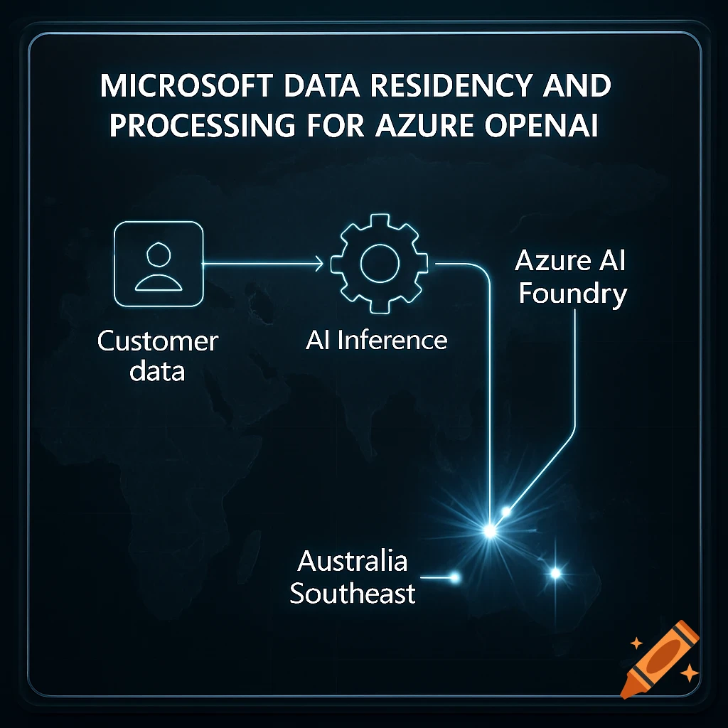 Diagram showing Microsoft Azure OpenAI data residency and processing in Australia Southeast for customer data, AI inference, and Azure AI Foundry.