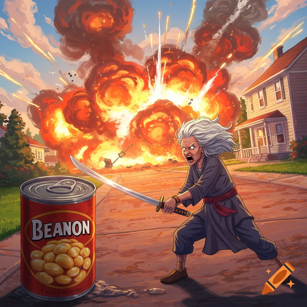 An angry grandma with a samurai sword stands next to a giant can of 'BEANON' beans, with a large explosion behind her in a neighborhood, in a cartoon style.