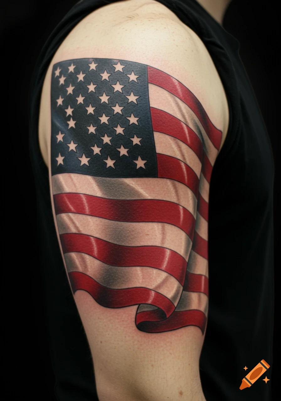 Realistic tattoo of a waving American flag on a person's upper arm.