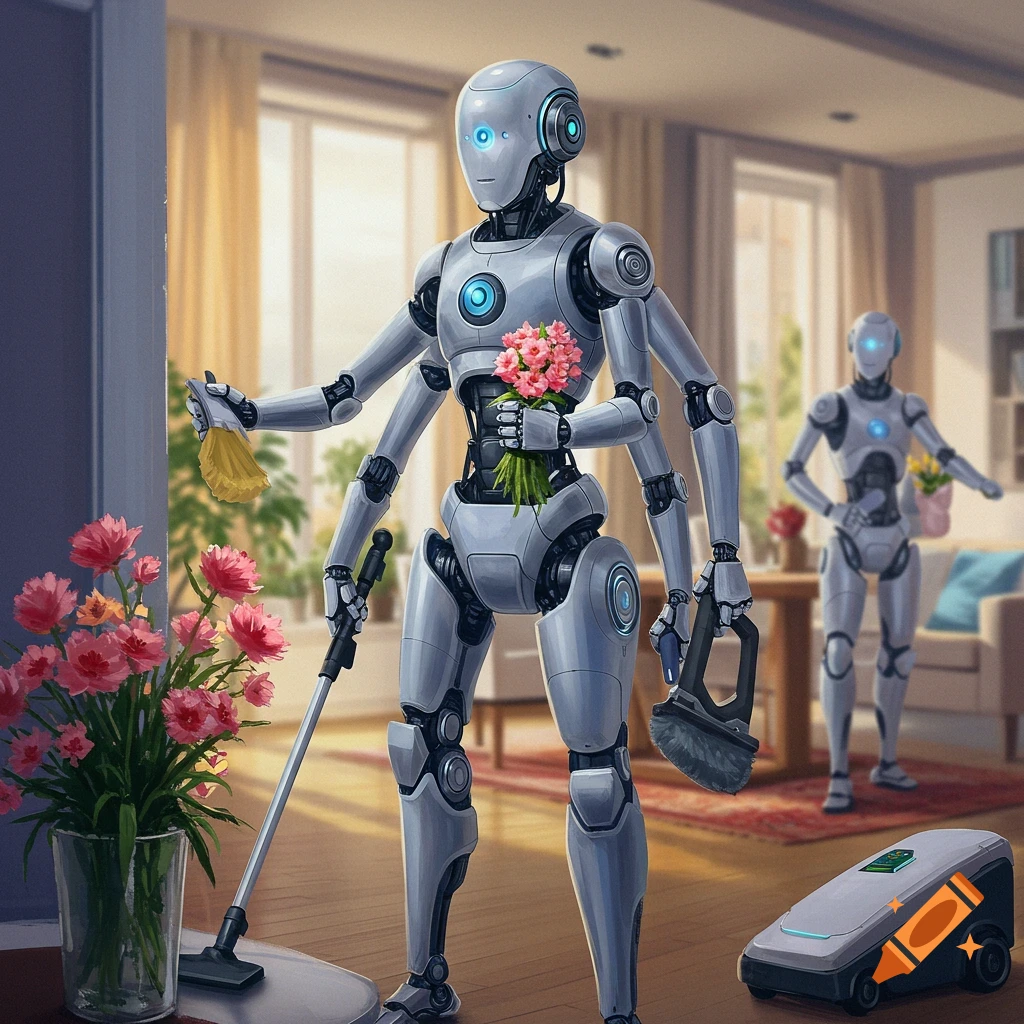A multi-armed robot cleaning a modern home, holding flowers, a duster, and a broom, with another robot in the background.