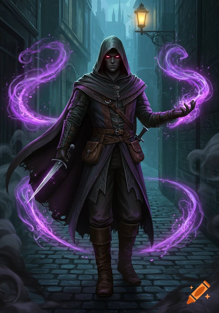 A dark fantasy art illustration of a cloaked, hooded figure with glowing red eyes, holding a dagger and casting purple magic in a dimly lit cobblestone alley.