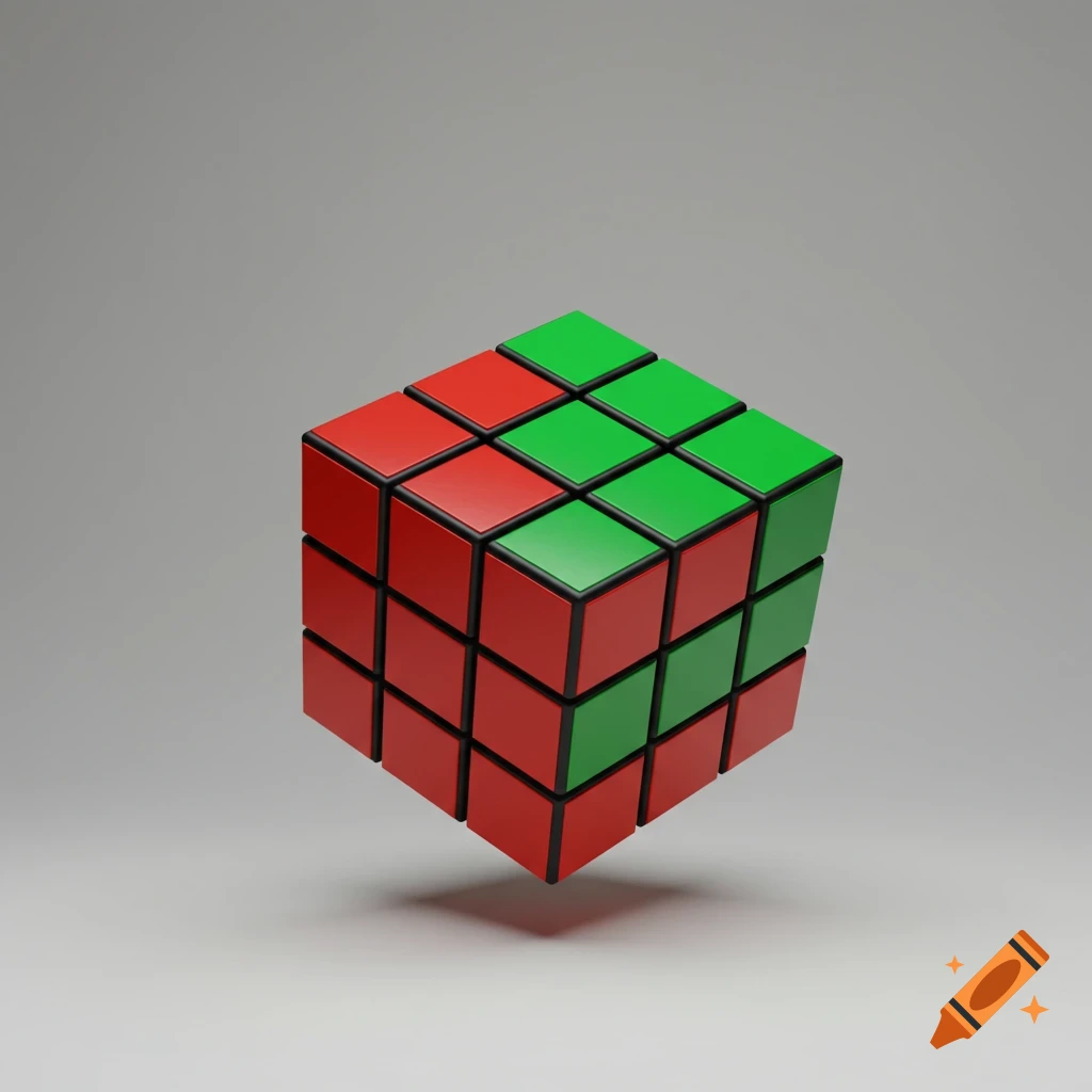 A 3x3 Rubik's cube floating against a gray background, with its red and green faces visible, though not solved.