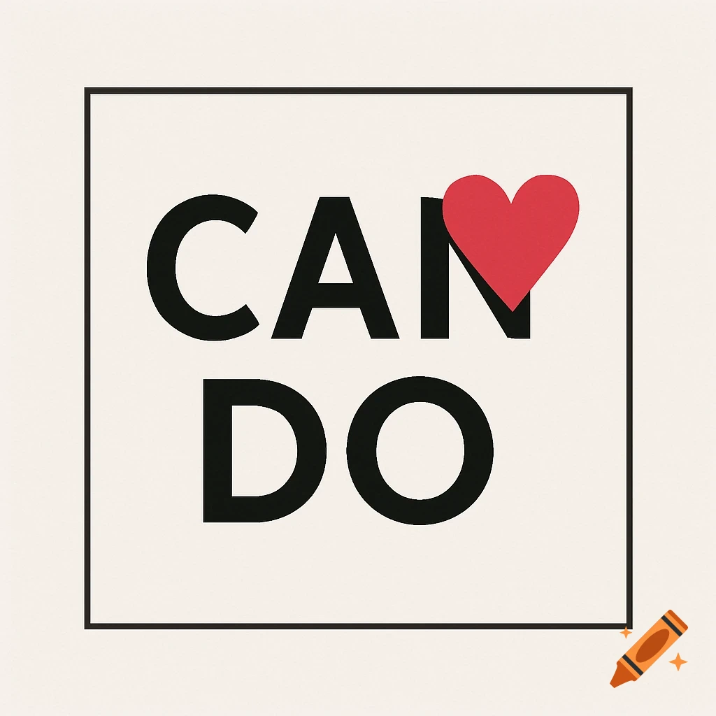 A minimalist logo featuring the black text 'CAN DO' with a red heart symbol replacing part of the N and D, set on an off-white background within a black square frame.