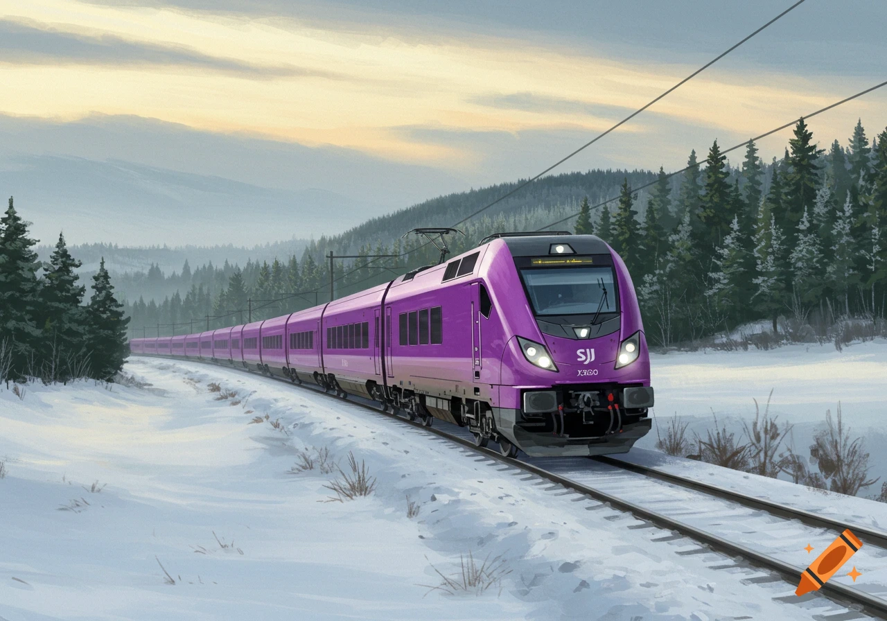 A vibrant purple train with multiple cars travels along tracks through a snowy forest landscape under a cloudy sky.