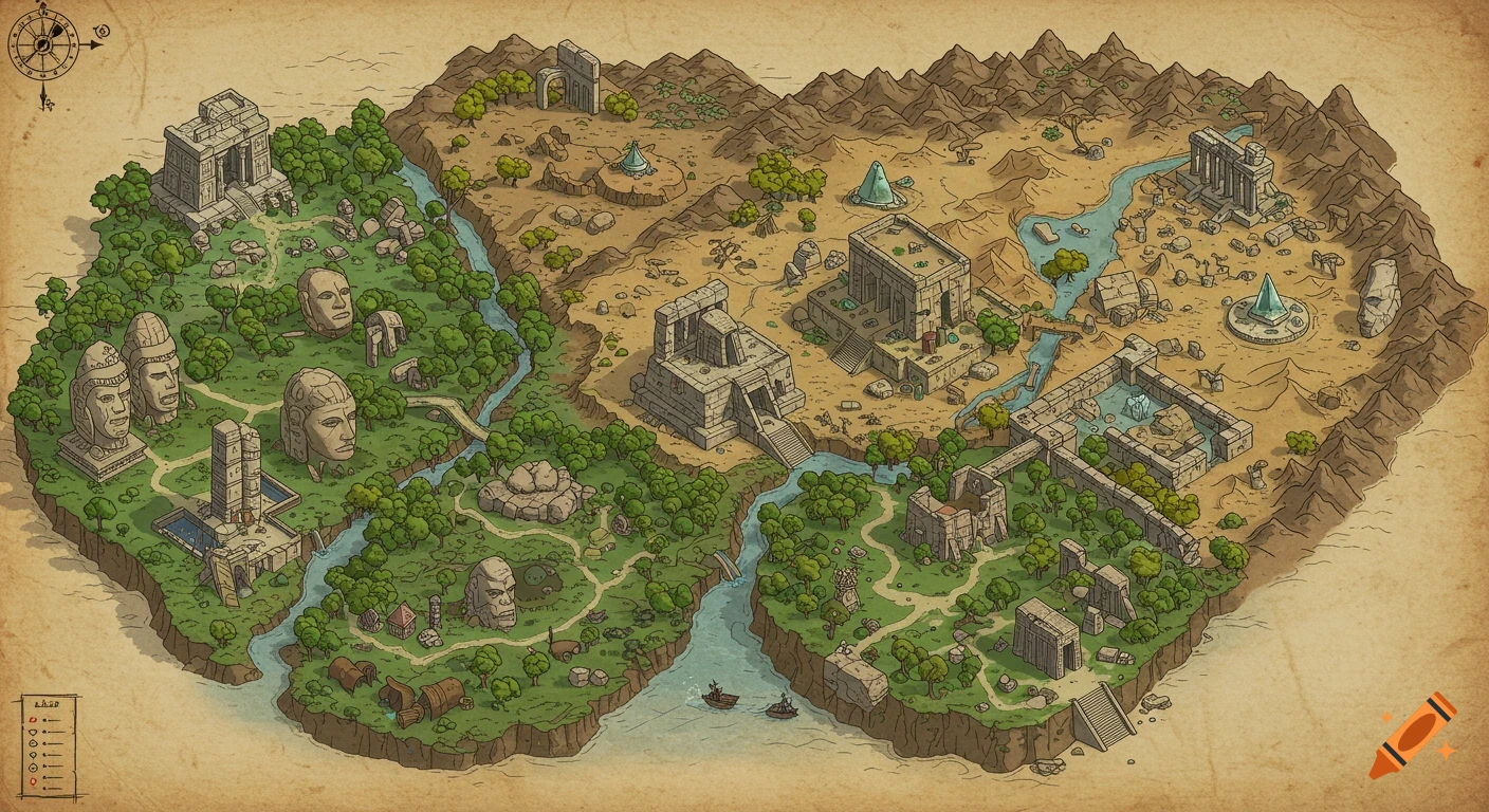 An isometric fantasy map showing lush green forests, deserts, rivers, and crumbling ancient ruins with large stone heads and temples.