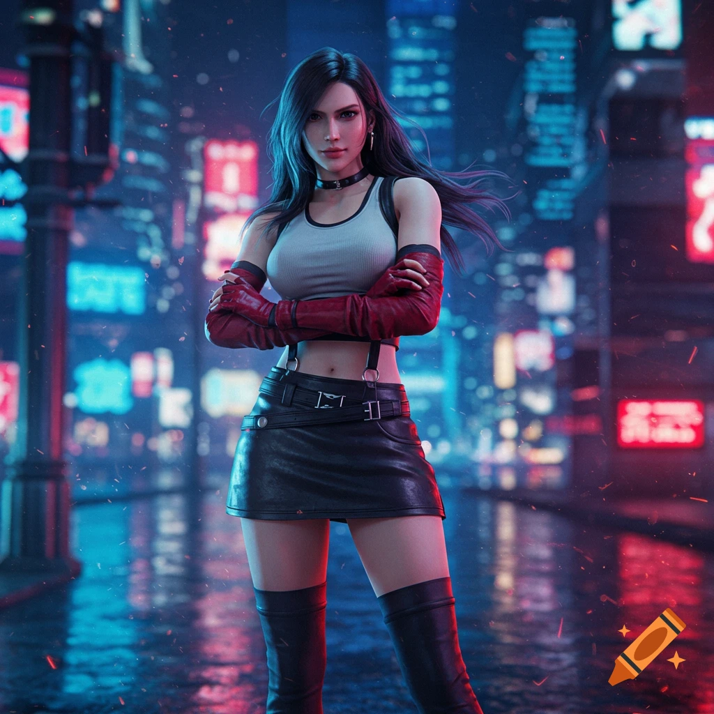 A dark-haired woman in a crop top, red gloves, and a black leather mini-skirt stands in a neon-lit cyberpunk city street.