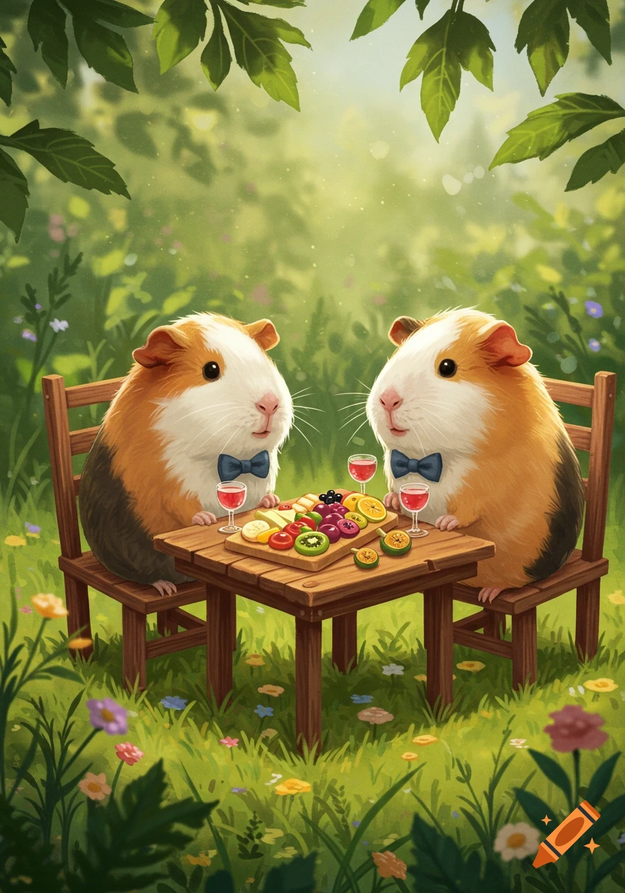Two guinea pigs in bow ties picnic at a small wooden table with fruits and drinks in a lush green garden. Whimsical illustration.