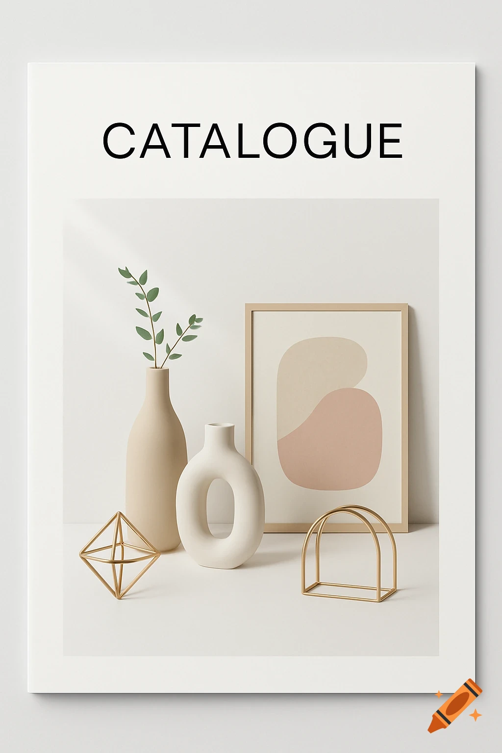 A minimalist catalogue cover with trendy home decor: beige and white vases, abstract art, and gold geometric shapes on white.