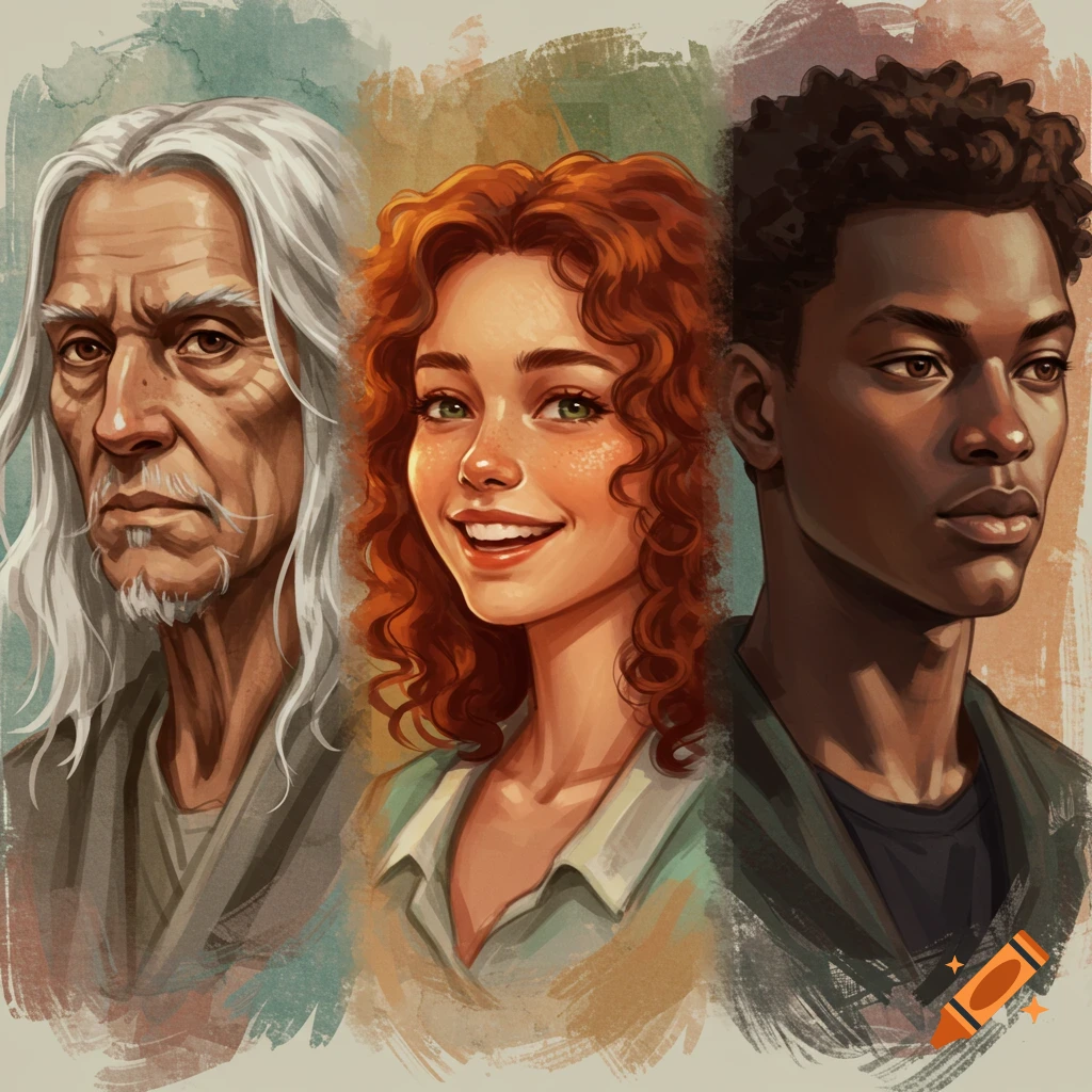 Three stylized painted portraits of an old man with white hair, a smiling young woman with red curly hair, and a young Black man.