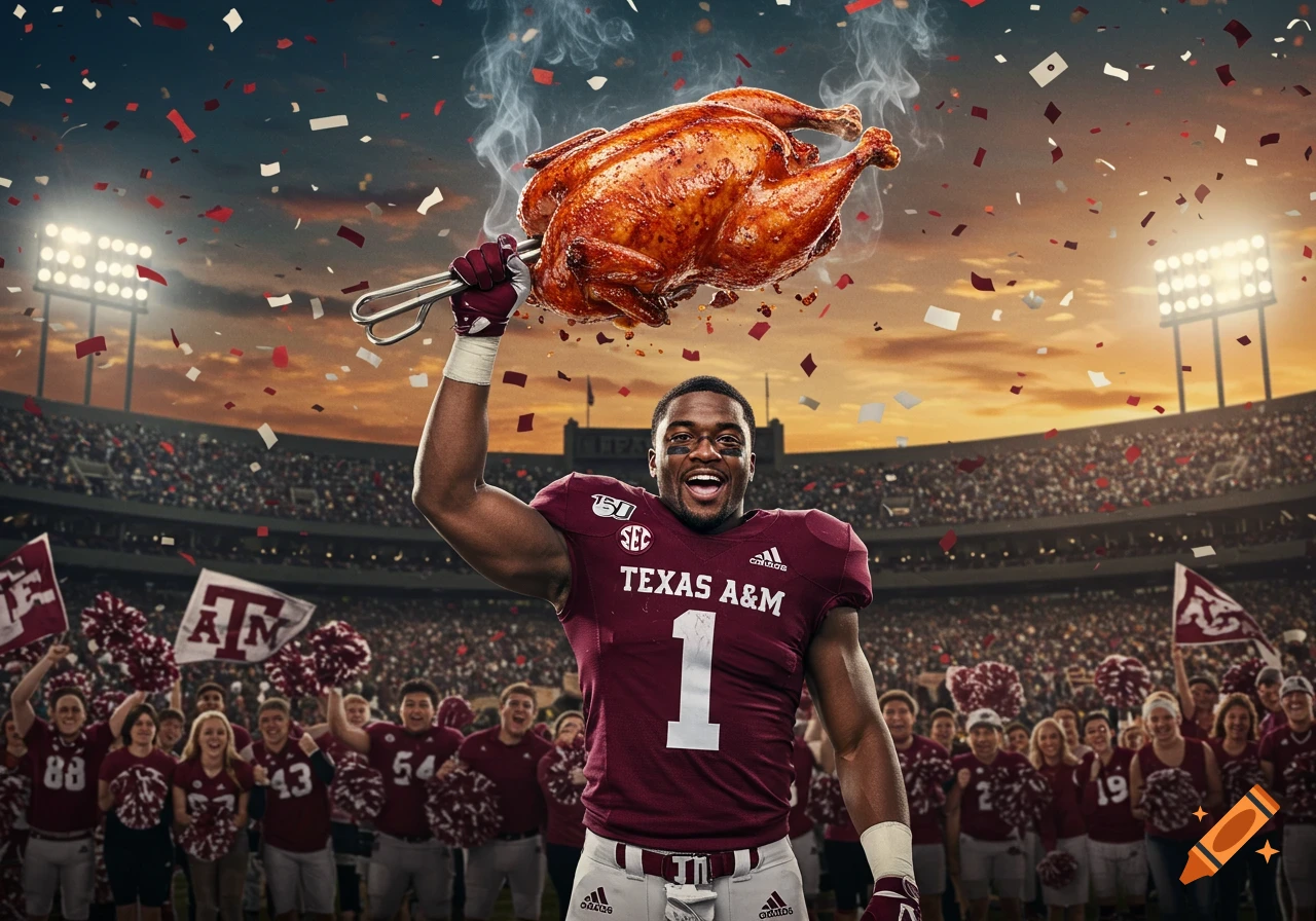 A football player in a maroon Texas A&M jersey holds a steaming roasted turkey overhead in a stadium full of cheering fans and confetti at sunset, photorealistic.