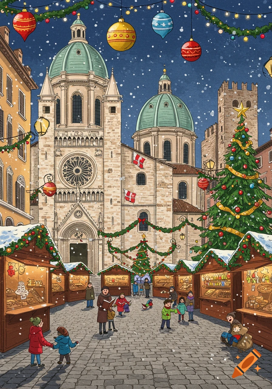 A cartoon illustration of a lively Christmas market in a snowy town square, with a grand cathedral and historical buildings in the background.