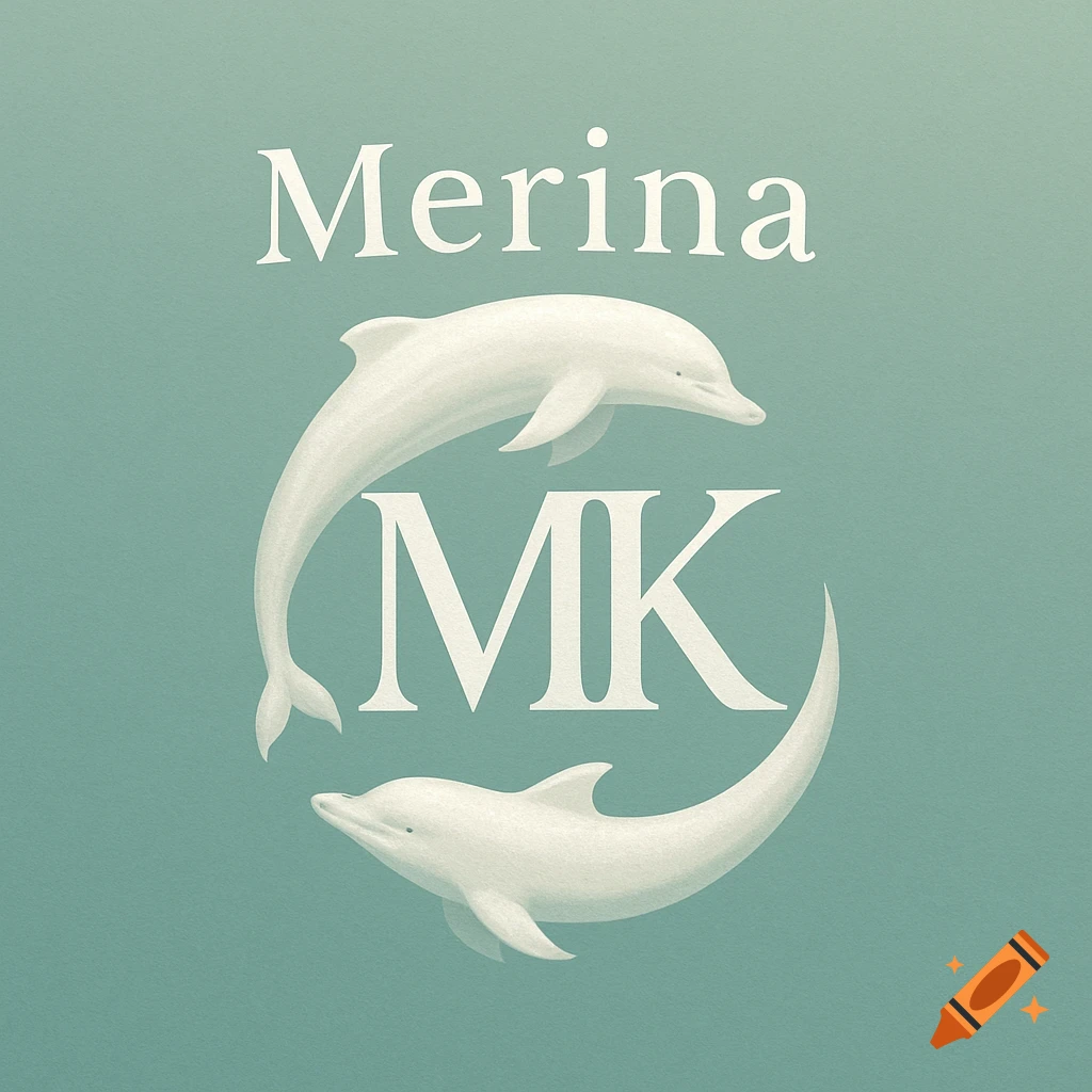 A minimalist logo with two white dolphins forming a circle around large white letters 'MK', with 'Merina' above, on a teal background.