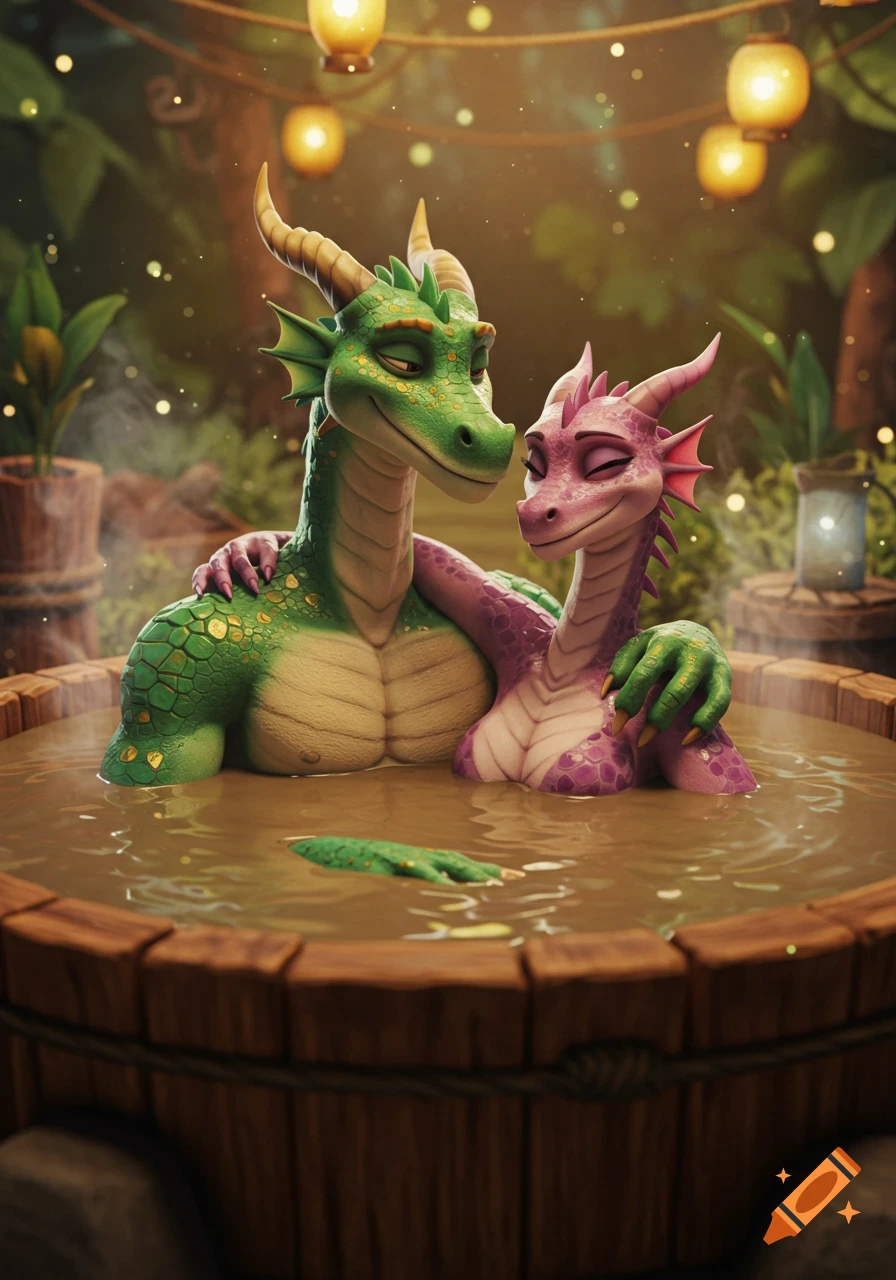 A green and a pink anthropomorphic dragon couple happily embrace in a mud hot tub in a lush, warm 3D animated jungle setting with lanterns.
