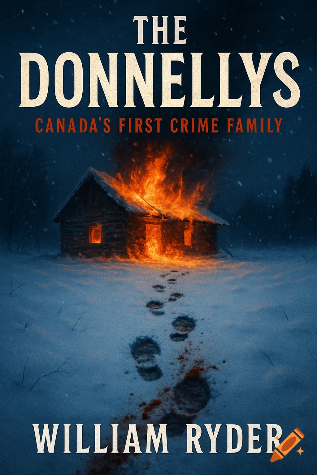 Book cover for 'The Donnellys' showing a burning log cabin in snowy woods with bloodied footprints.
