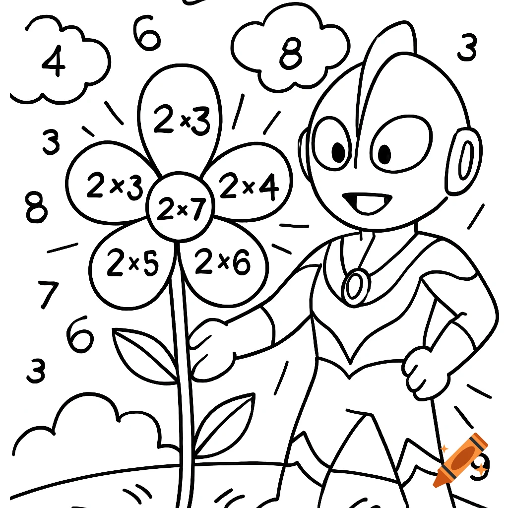 A black and white coloring page featuring a cartoon Ultraman character next to a flower with multiplication problems in its petals and scattered numbers.