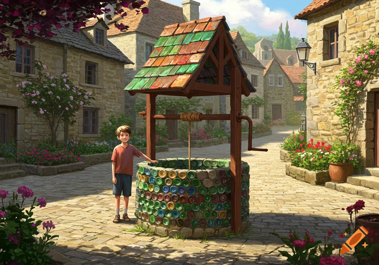 An illustration of a boy standing next to a colorful well made of soda bottles in a European stone village street.