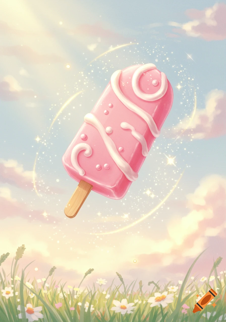 A whimsical illustration of a pink popsicle with white swirls, sparkling and floating above a field of daisies under a pastel sky.