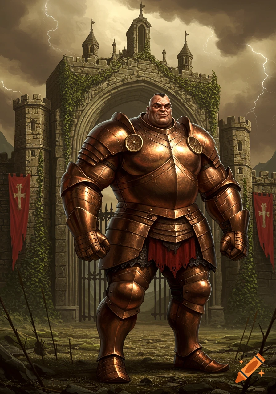 A massive warrior in bronze armor with a huge torso and smaller legs stands before a stone castle gate during a storm.