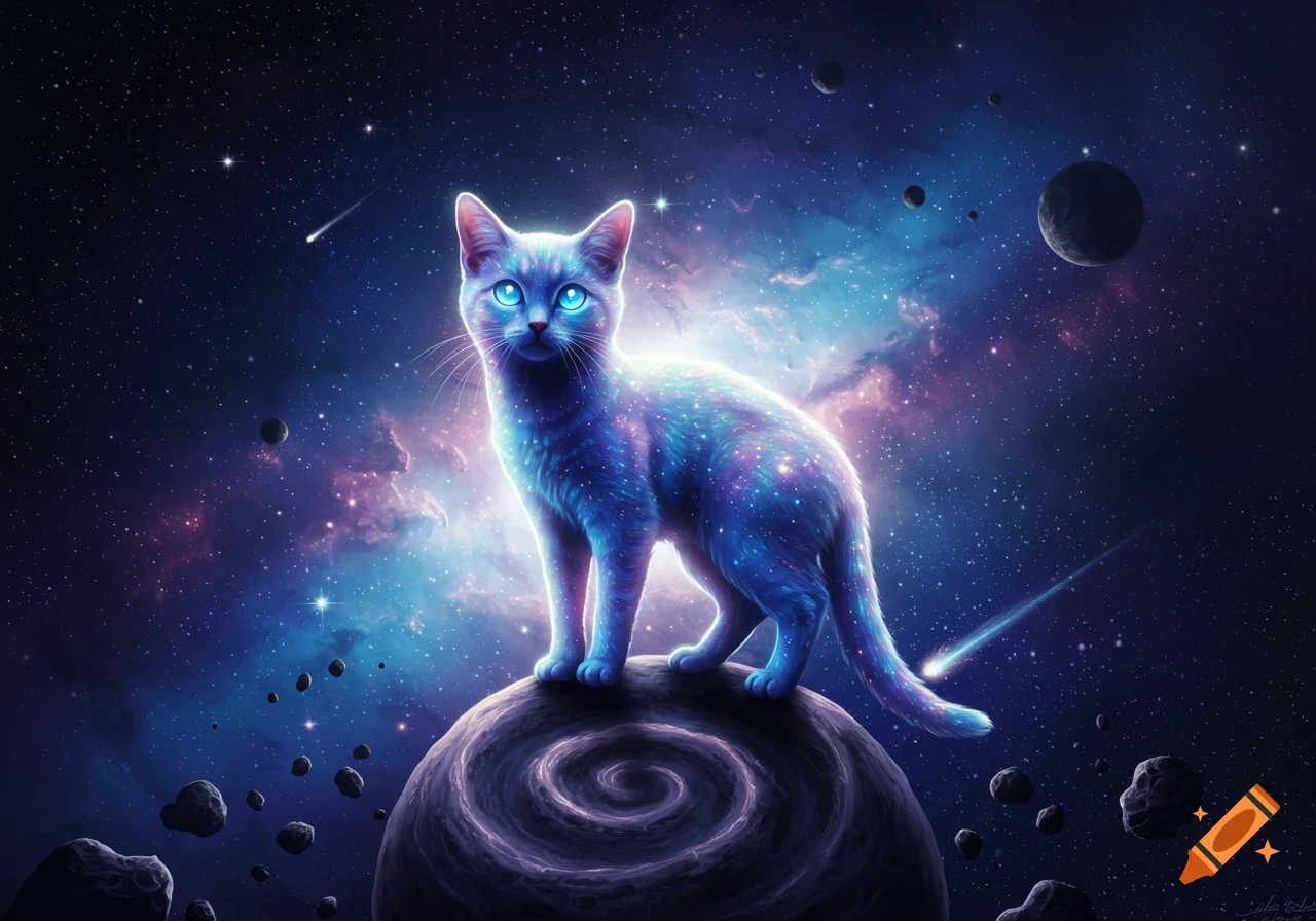 A luminous, blue and purple cosmic cat stands on a swirling planet in a starry nebula with planets and asteroids.