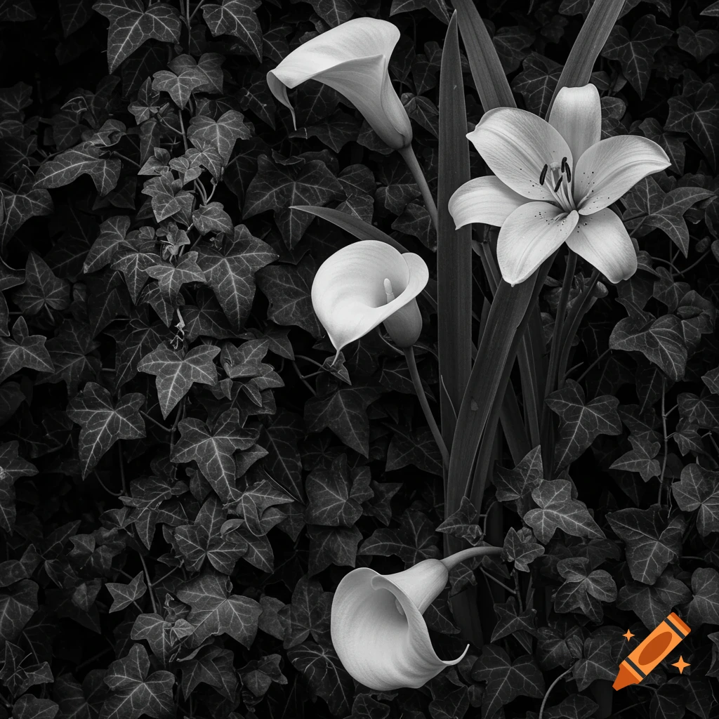 A black and white close-up of white lilies and calla lilies nestled among dark ivy leaves.