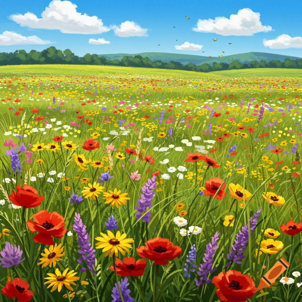 A vibrant, painterly landscape of a vast field teeming with red, yellow, purple, and white wildflowers under a bright blue sky with fluffy white clouds.