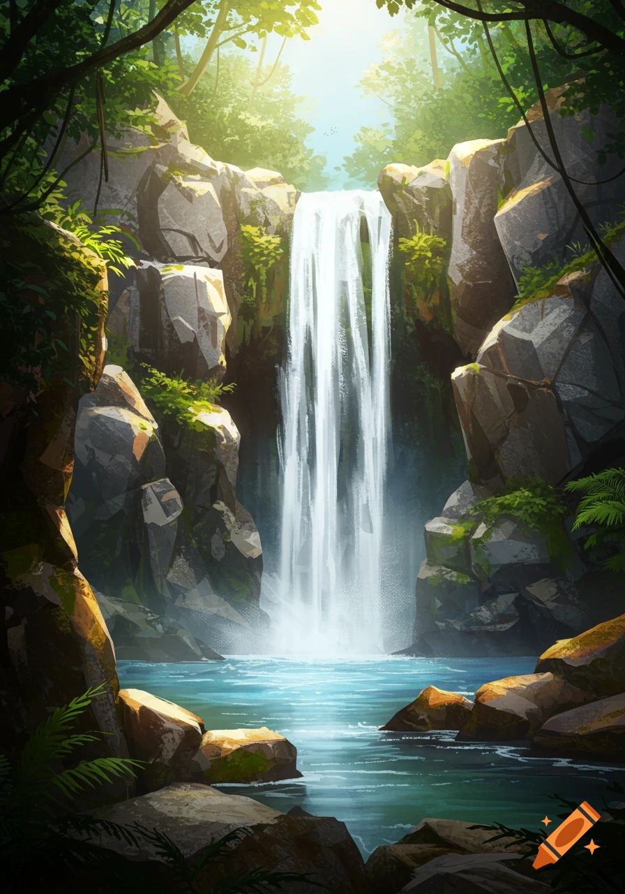 Vibrant, stylized illustration of a jungle waterfall cascading into a blue pool, surrounded by mossy rocks and lush greenery.