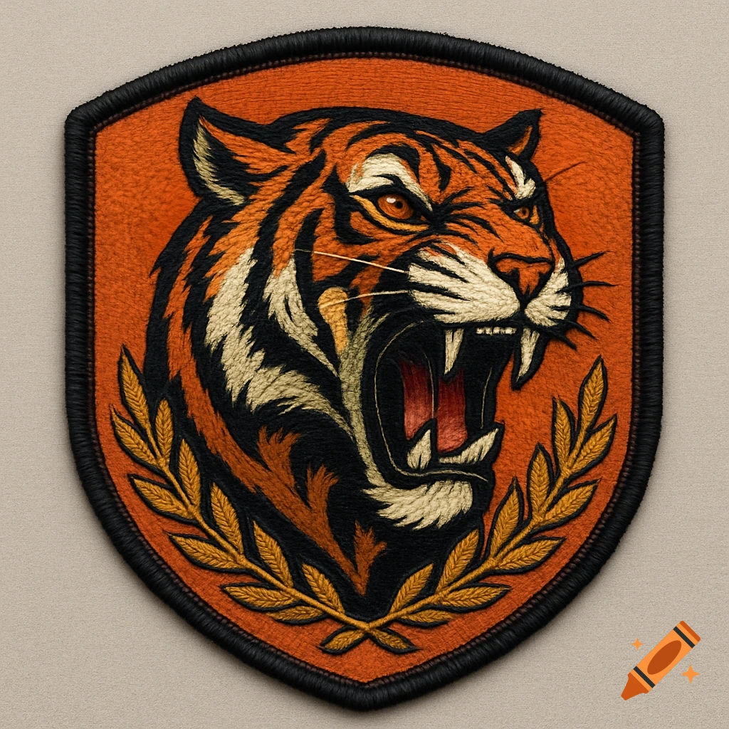 Embroidered patch of a roaring orange tiger head with black stripes, framed by gold laurel leaves.