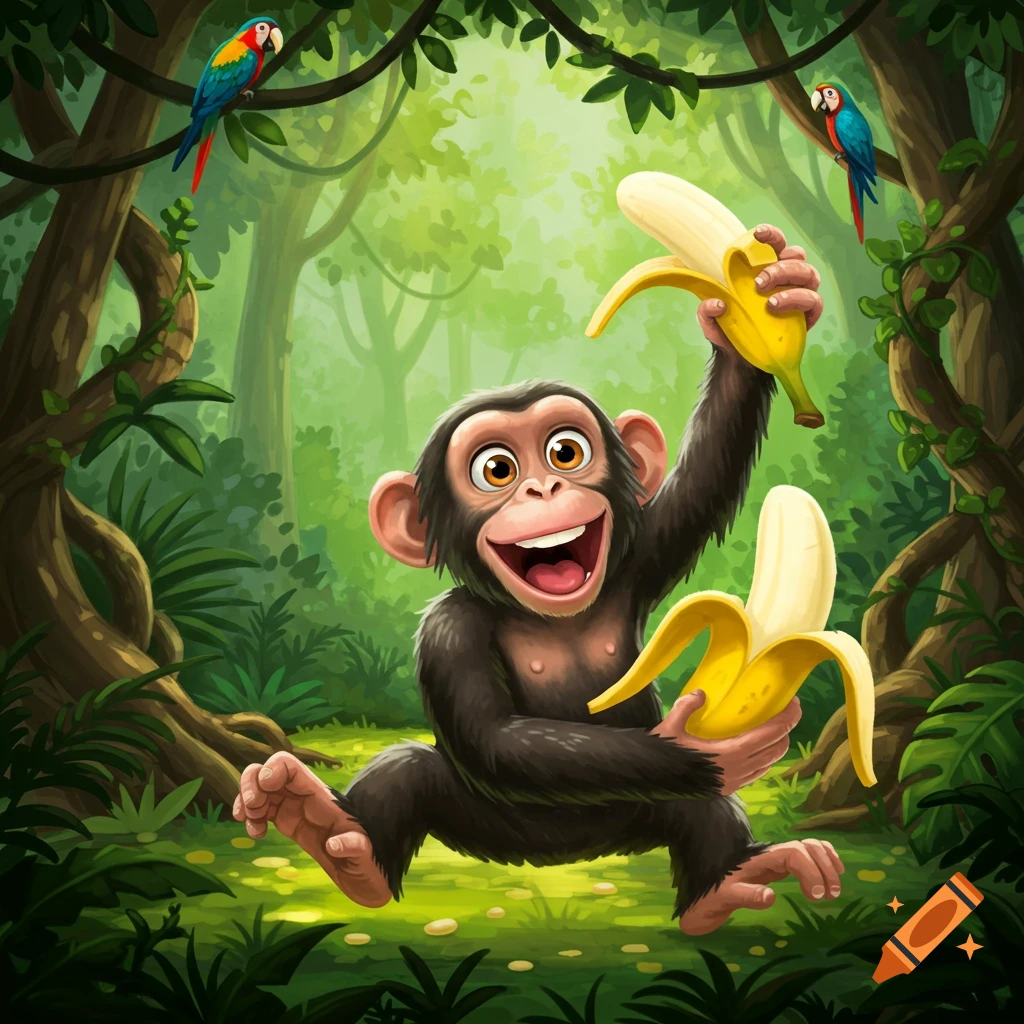 A happy cartoon chimpanzee holds two peeled bananas in a vibrant jungle with two parrots perched on trees.