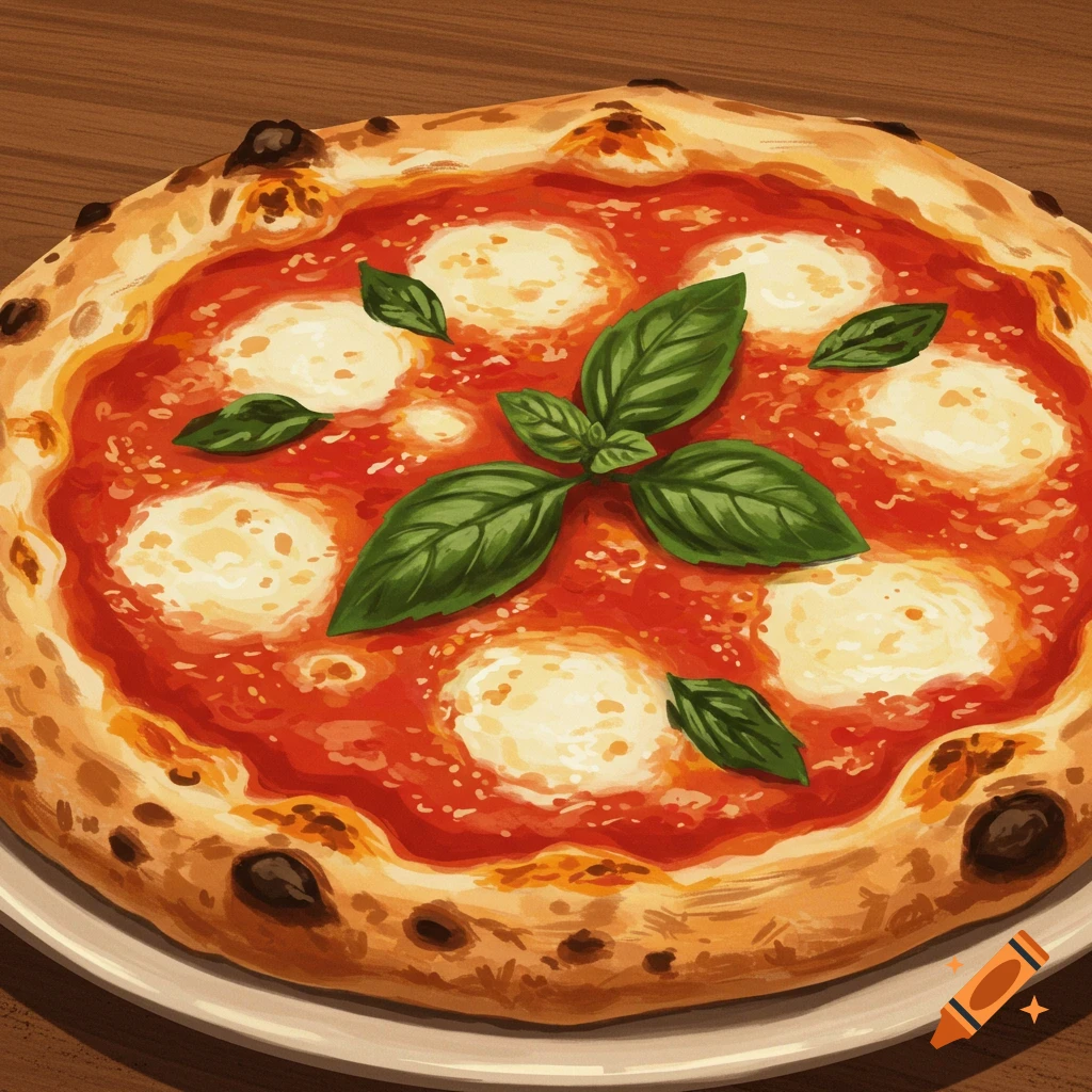 A top-down view of a classic Margherita pizza with fresh basil leaves, melted mozzarella, and red tomato sauce on a white plate.