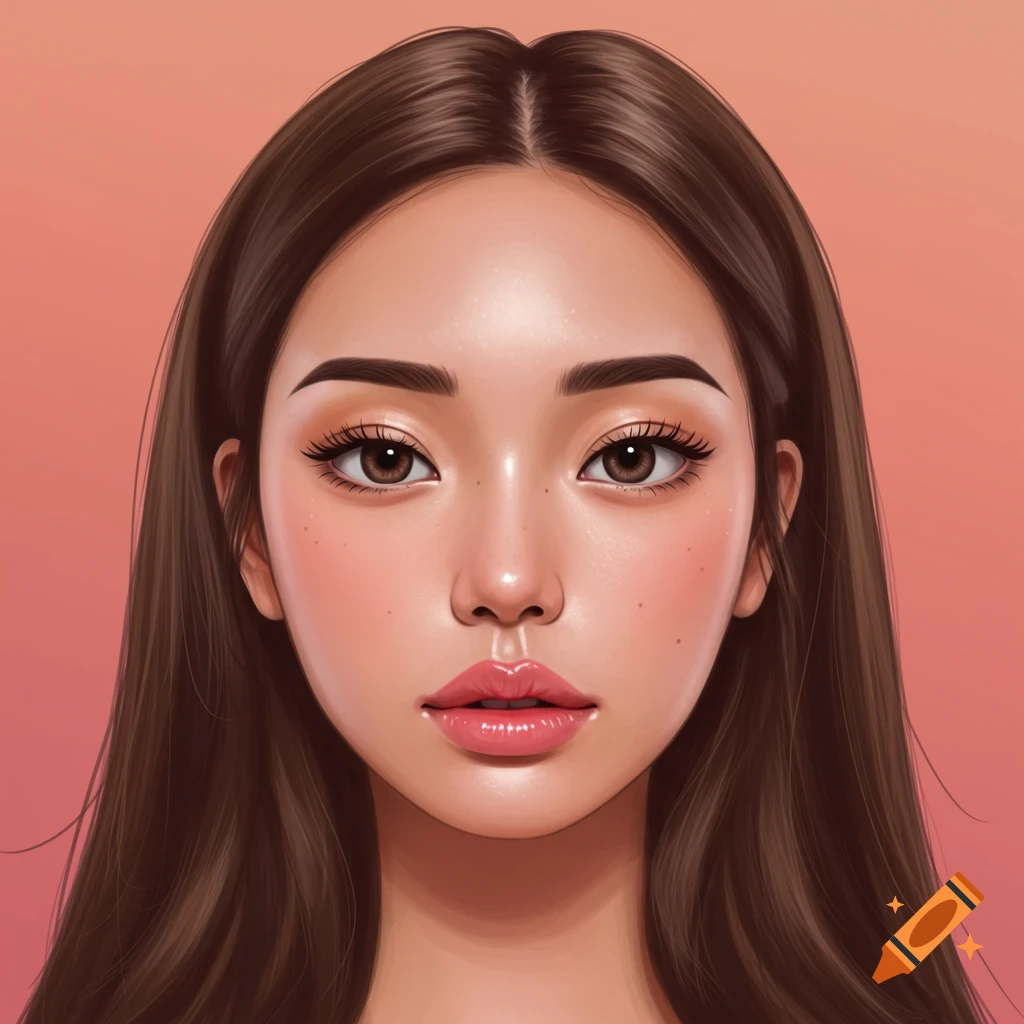 Stylized portrait of a young Ulzzang woman with long brown hair, brown eyes, and rosy cheeks on an orange background.
