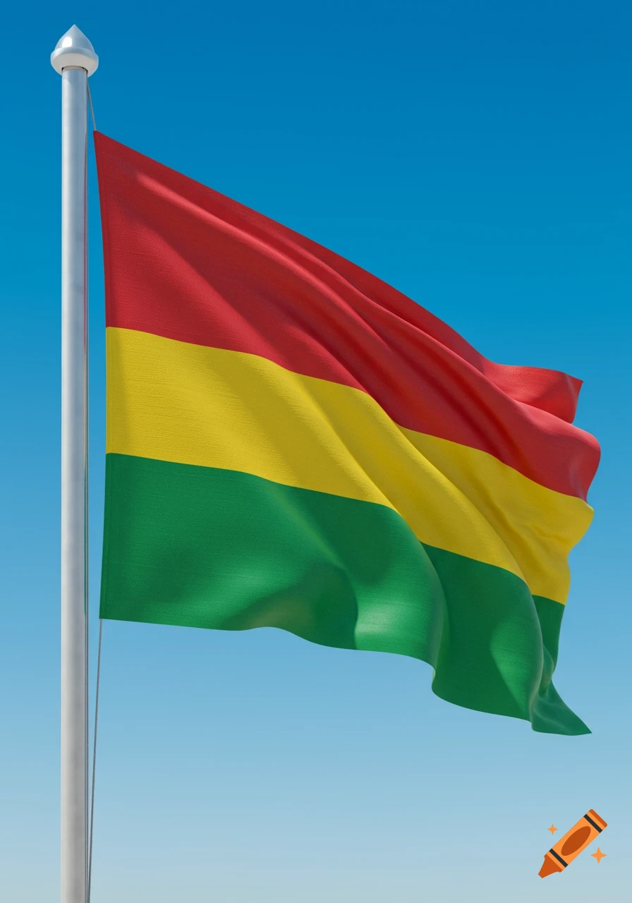 A flag with red, yellow, and green horizontal stripes waving from a flagpole against a clear blue sky.
