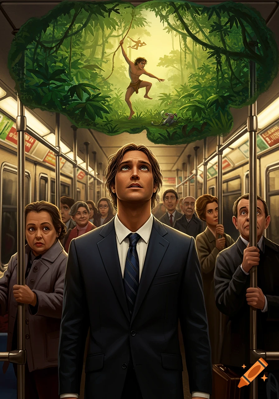 A man in a suit on a subway train looks up at a thought bubble showing Disney-style Tarzan swinging through a vibrant jungle.