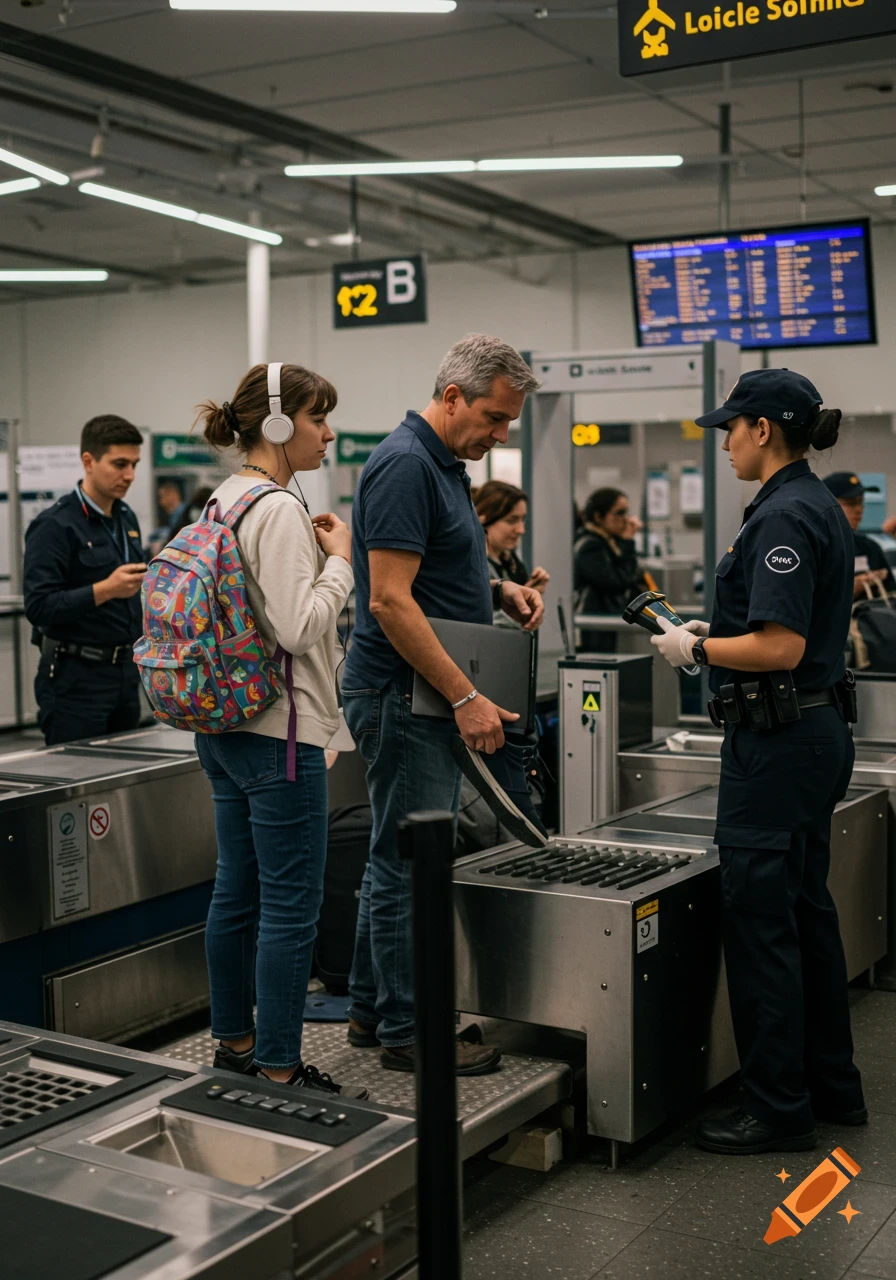 People and security personnel at an airport security checkpoint, with passengers putting items on a conveyor.