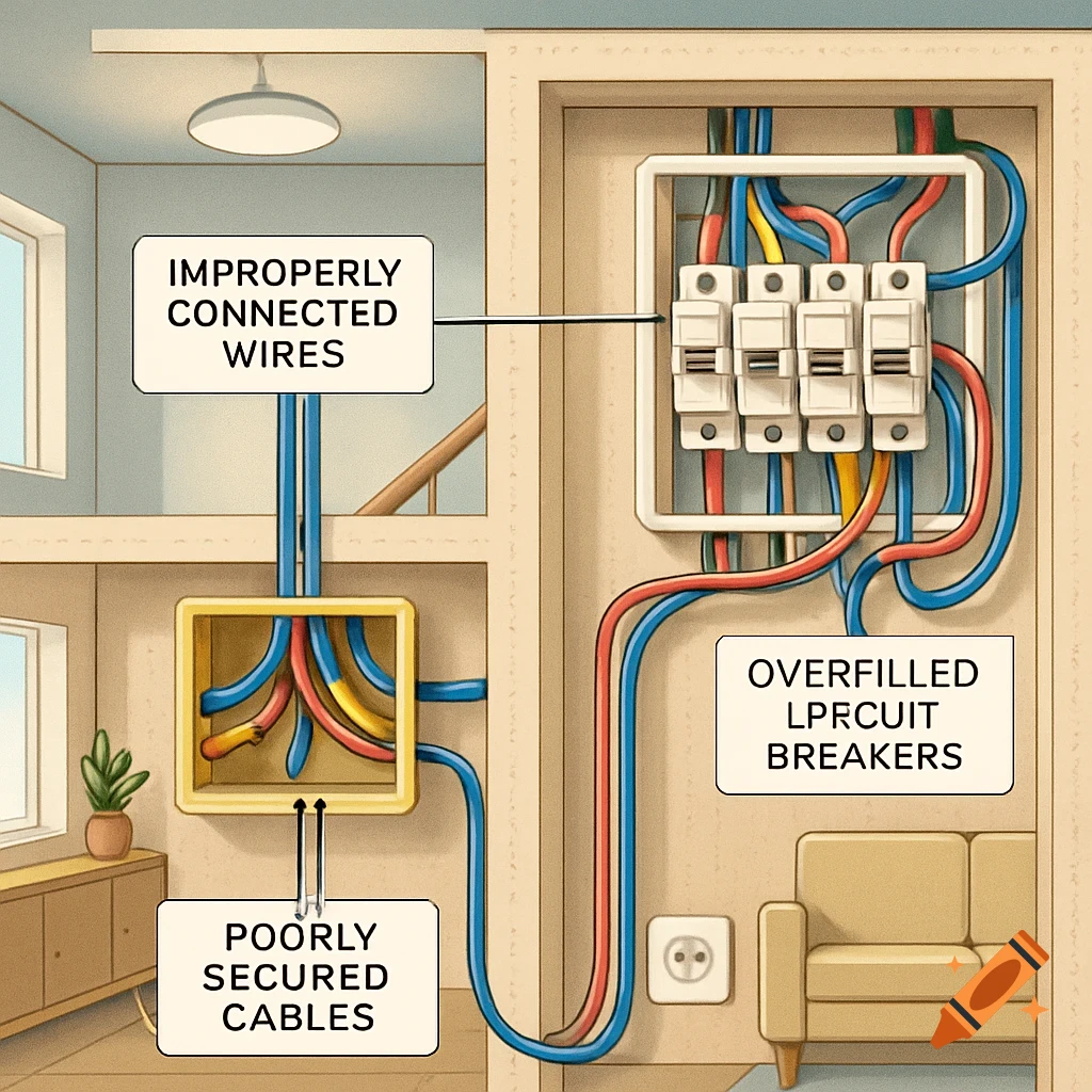 Diagram showing common electrical hazards in a home: improperly connected wires, poorly secured cables, and overfilled circuit breakers.