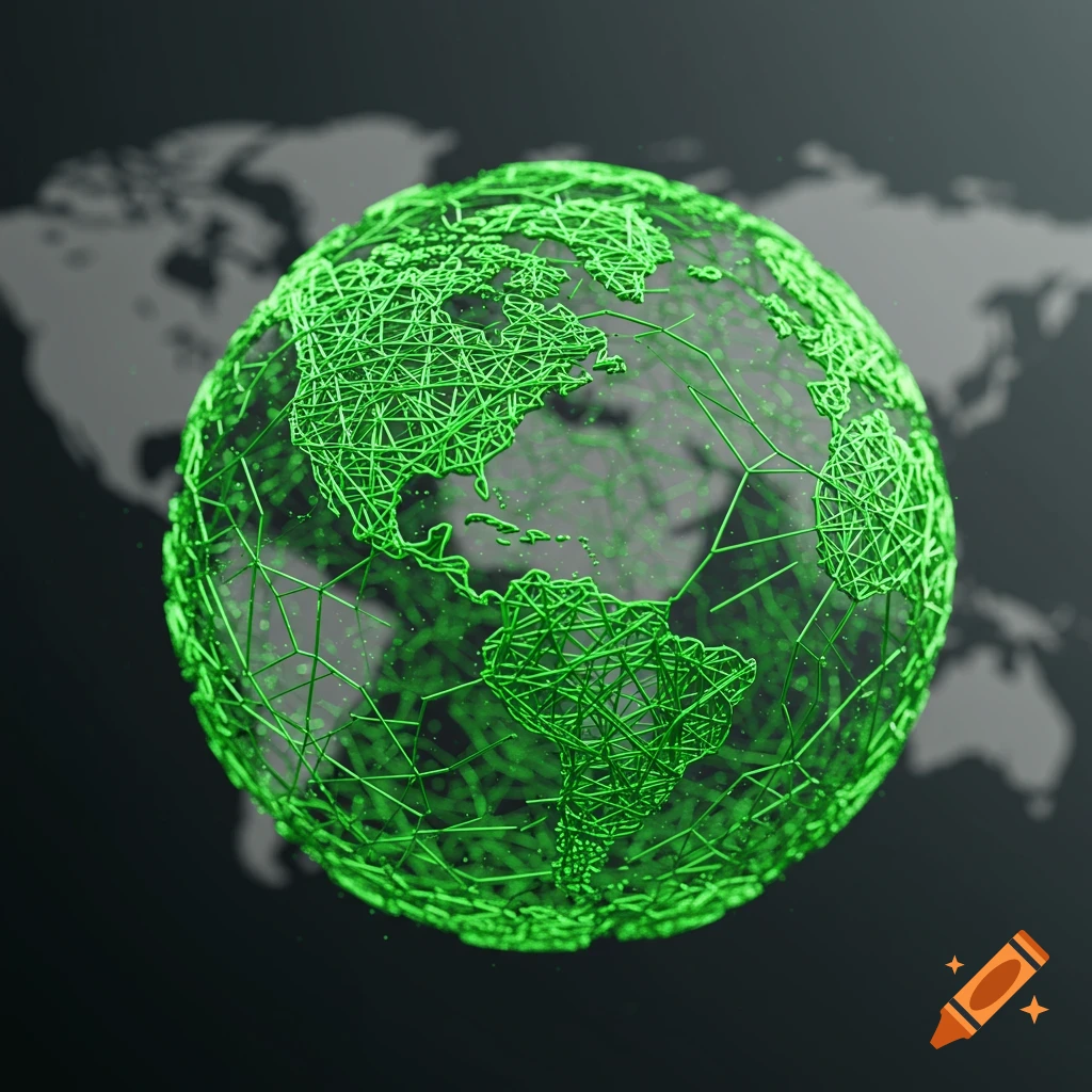 A vibrant green geometric wireframe globe showing continents, against a blurred world map background.